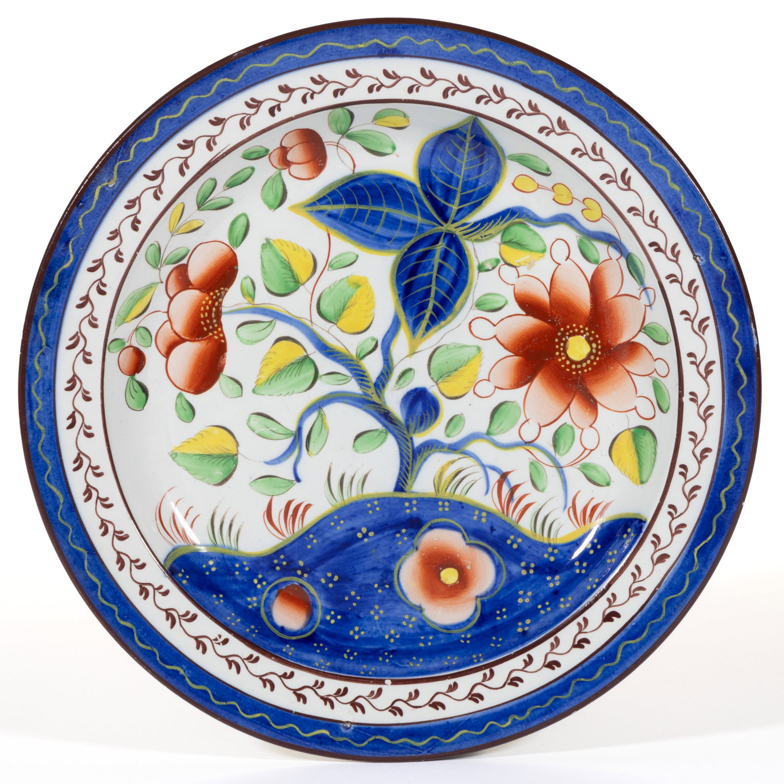 ENGLISH PEARLWARE HAND-PAINTED GAUDY DUTCH CERAMIC PLATE: ENGLISH PEARLWARE HAND-PAINTED GAUDY DUTCH CERAMIC PLATE, featuring bold polychrome Sunflower floral decoration. Impressed "8" to back. First quarter 19th century. 9 7/8" D. Litera