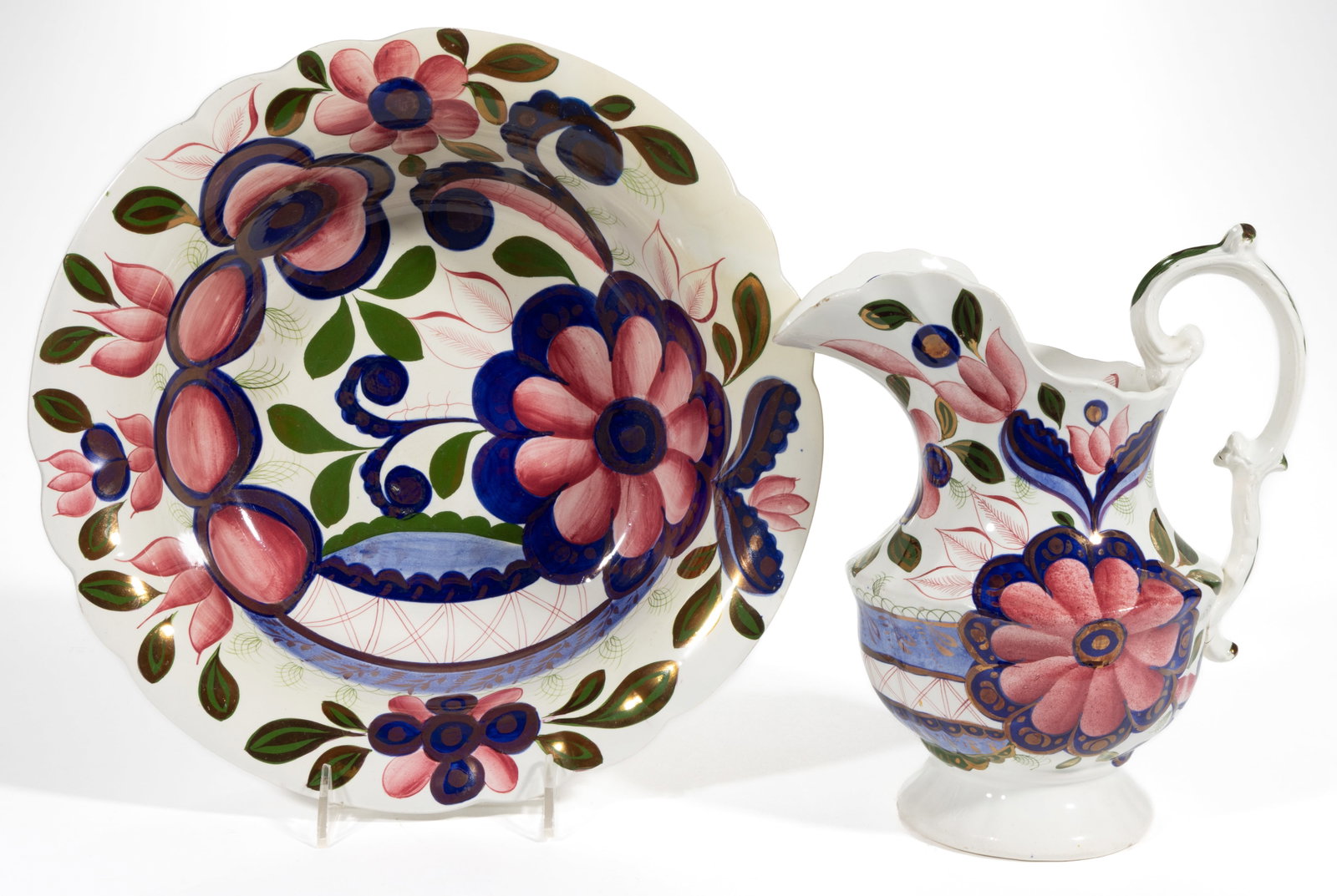 BRITISH GAUDY-STYLE HAND-PAINTED FLORAL MOTIF CERAMIC WASH PITCHER AND BASIN (1 of 3)