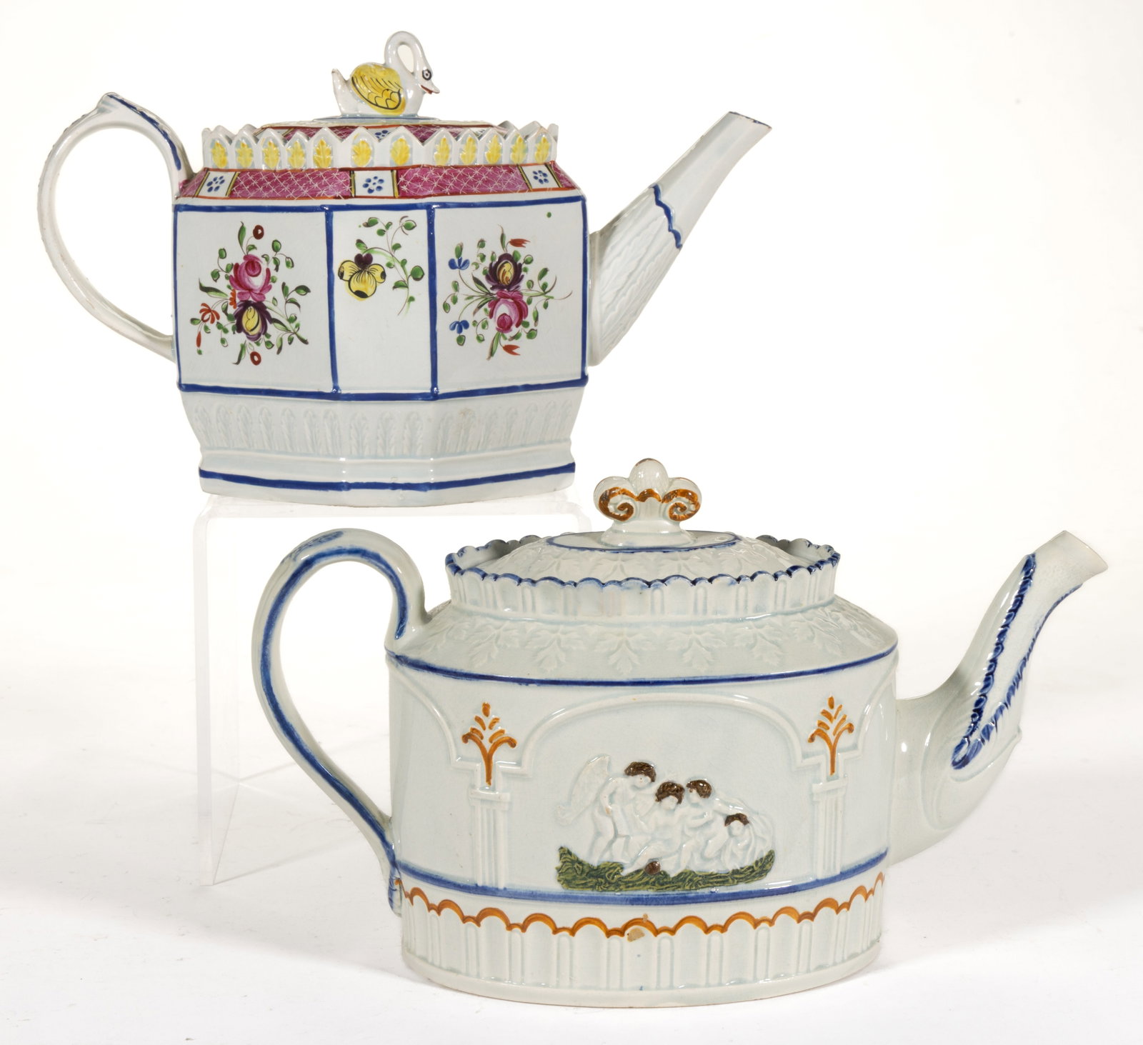 BRITISH PEARLWARE HAND-PAINTED CERAMIC TEAPOTS, LOT OF TWO (1 of 5)