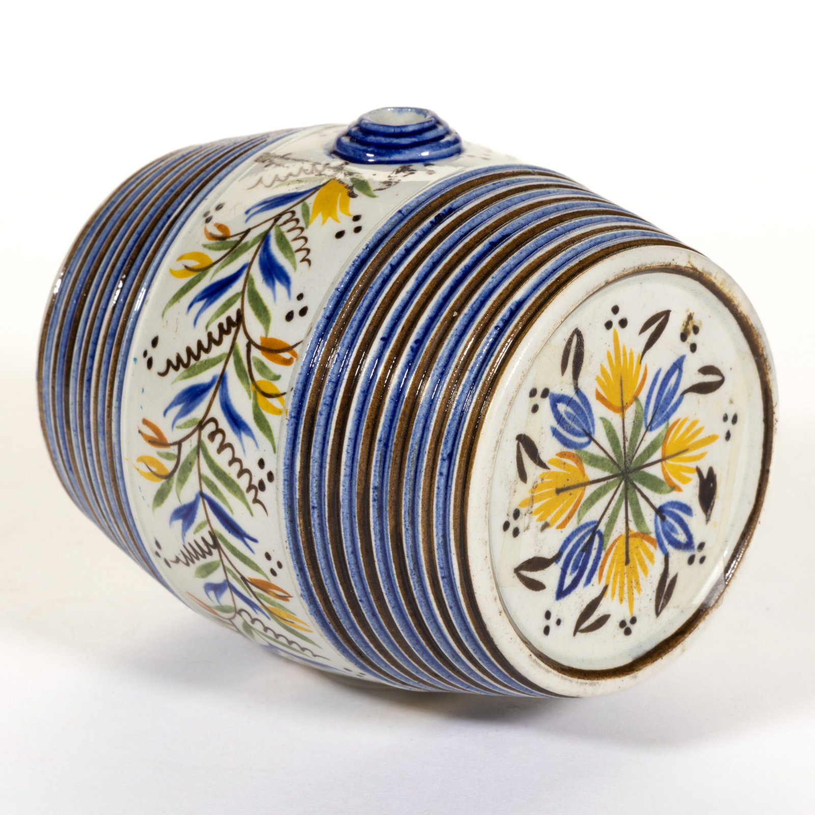 ENGLISH PEARLWARE HAND-PAINTED FLORAL MOTIF BARREL FLASK (1 of 4)