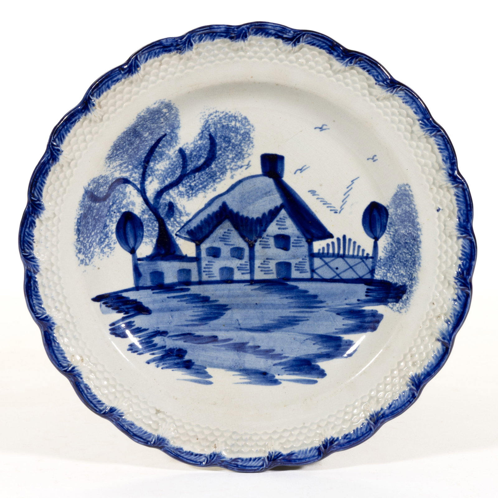 BRITISH PEARLWARE EMBOSSED EDGE HAND-PAINTED HOUSE MOTIF CERAMIC PLATE (1 of 2)