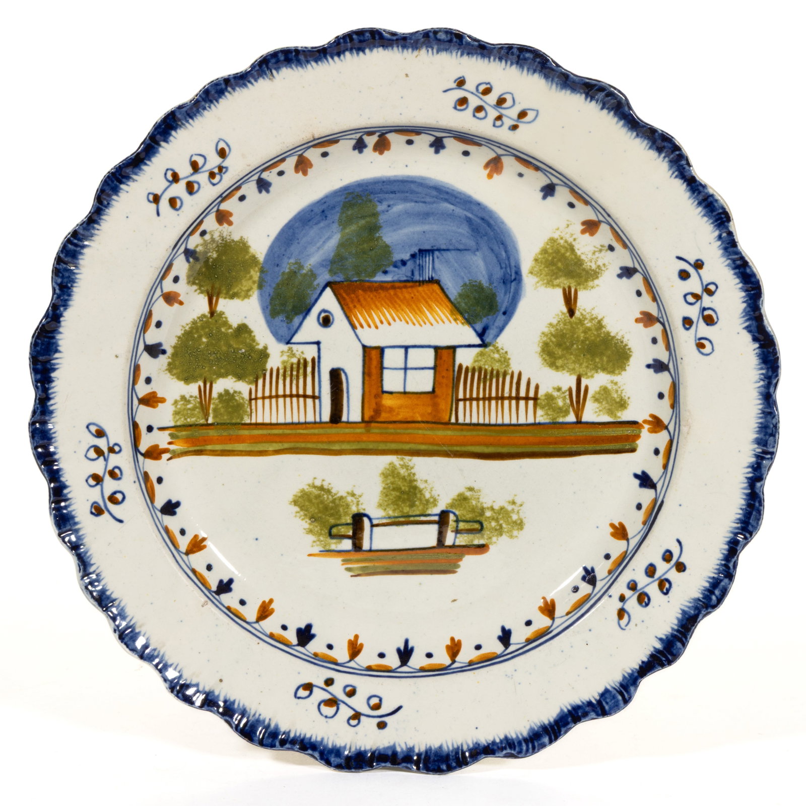 BRITISH PEARLWARE SHELL EDGE HAND-PAINTED HOUSE MOTIF CERAMIC PLATE (1 of 2)