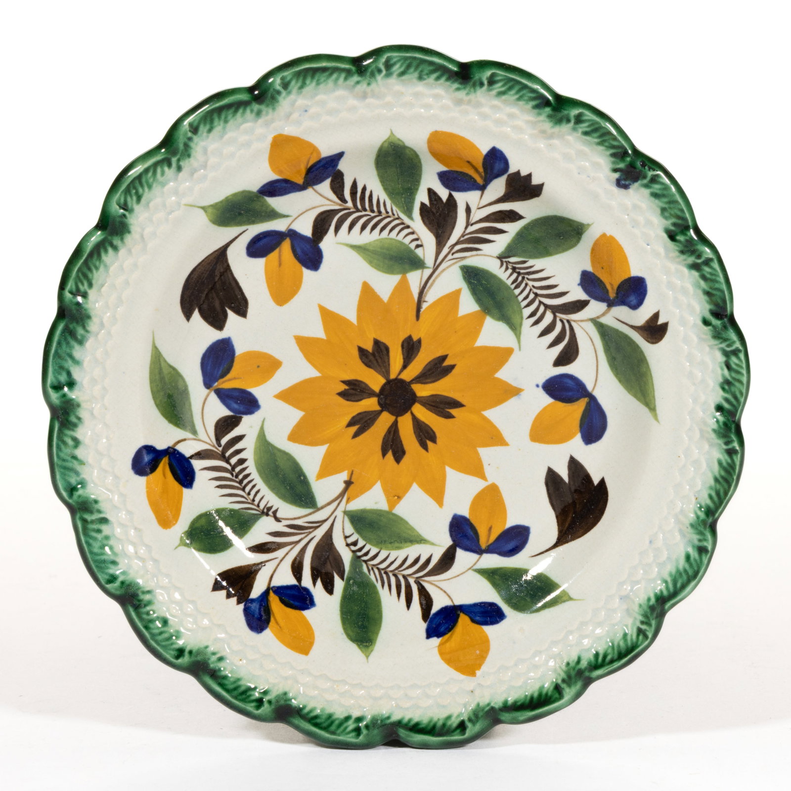 BRITISH PEARLWARE EMBOSSED EDGE HAND-PAINTED FLORAL MOTIF CERAMIC PLATE (1 of 2)