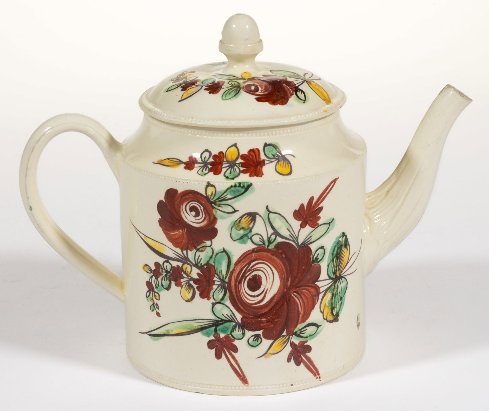 BRITISH CREAMWARE HAND-PAINTED FLORAL MOTIF CERAMIC TEAPOT (1 of 5)