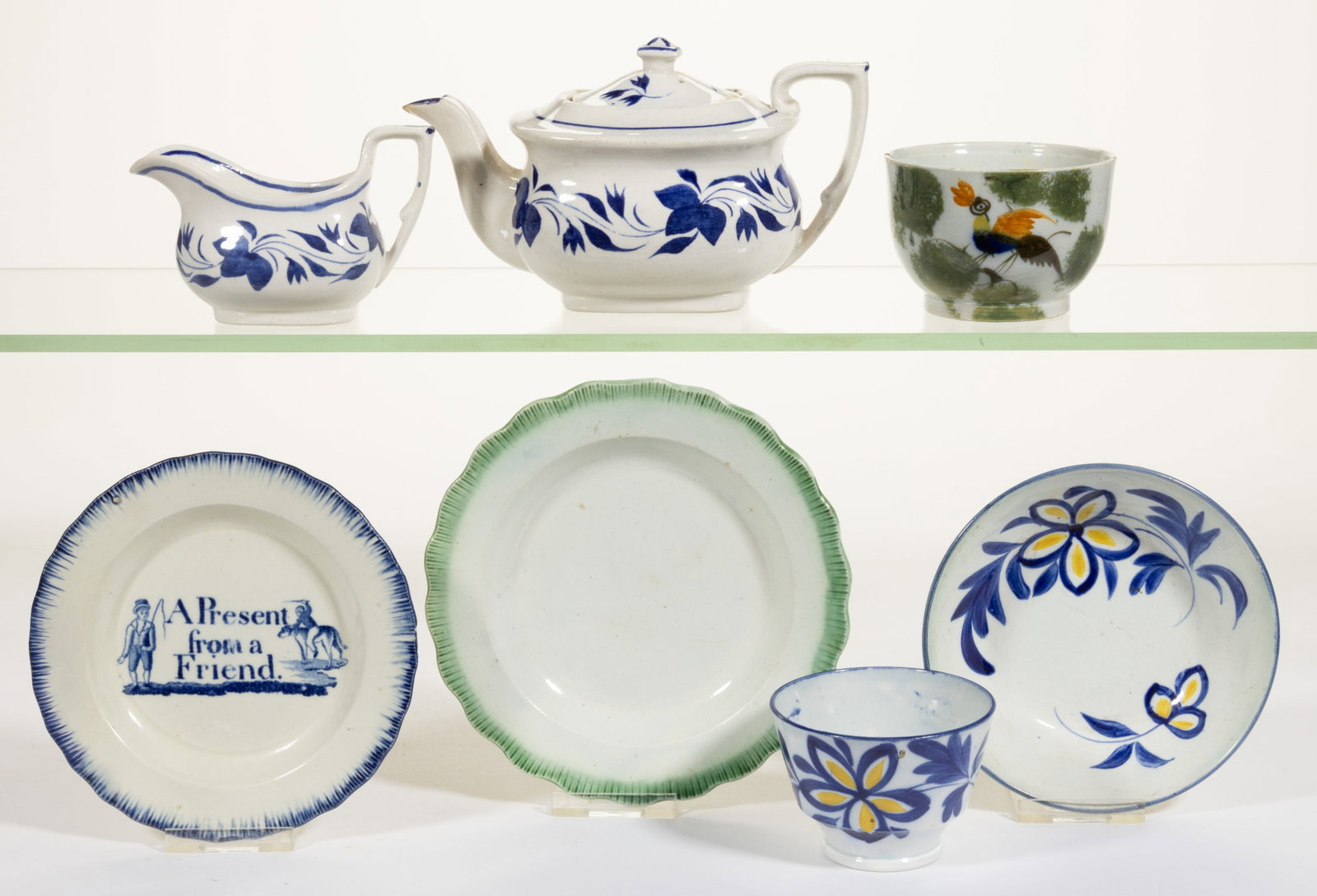 BRITISH PEARLWARE HAND-PAINTED CERAMIC CHILDREN'S ARTICLES, LOT OF SIX (1 of 1)