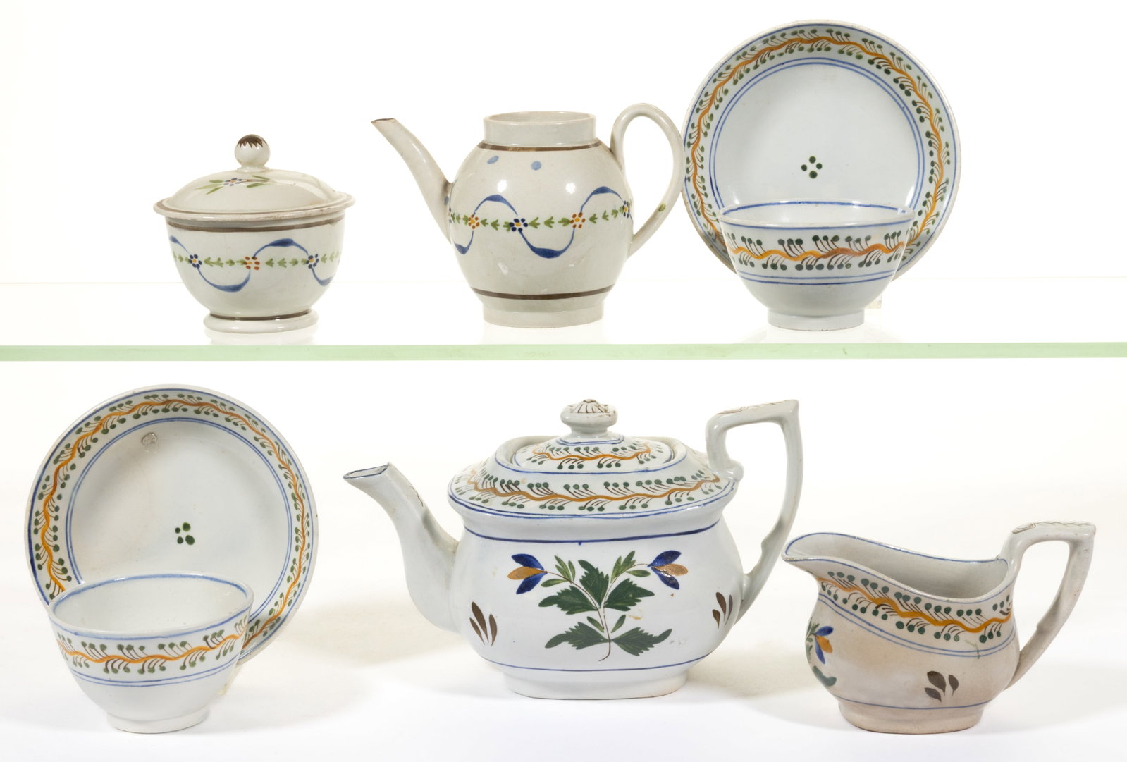 BRITISH PEARLWARE HAND-PAINTED CERAMIC CHILDREN'S TEA ARTICLES, LOT OF SIX (1 of 1)