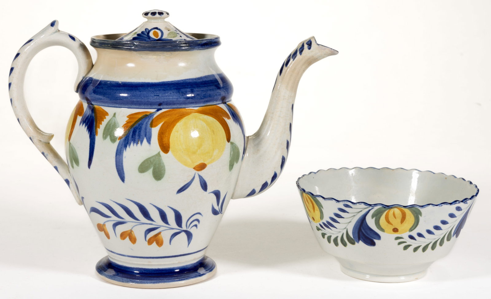 BRITISH PEARLWARE HAND-PAINTED FLORAL MOTIF CERAMIC COFFEE AND TABLE ARTICLES, LOT OF TWO (1 of 5)