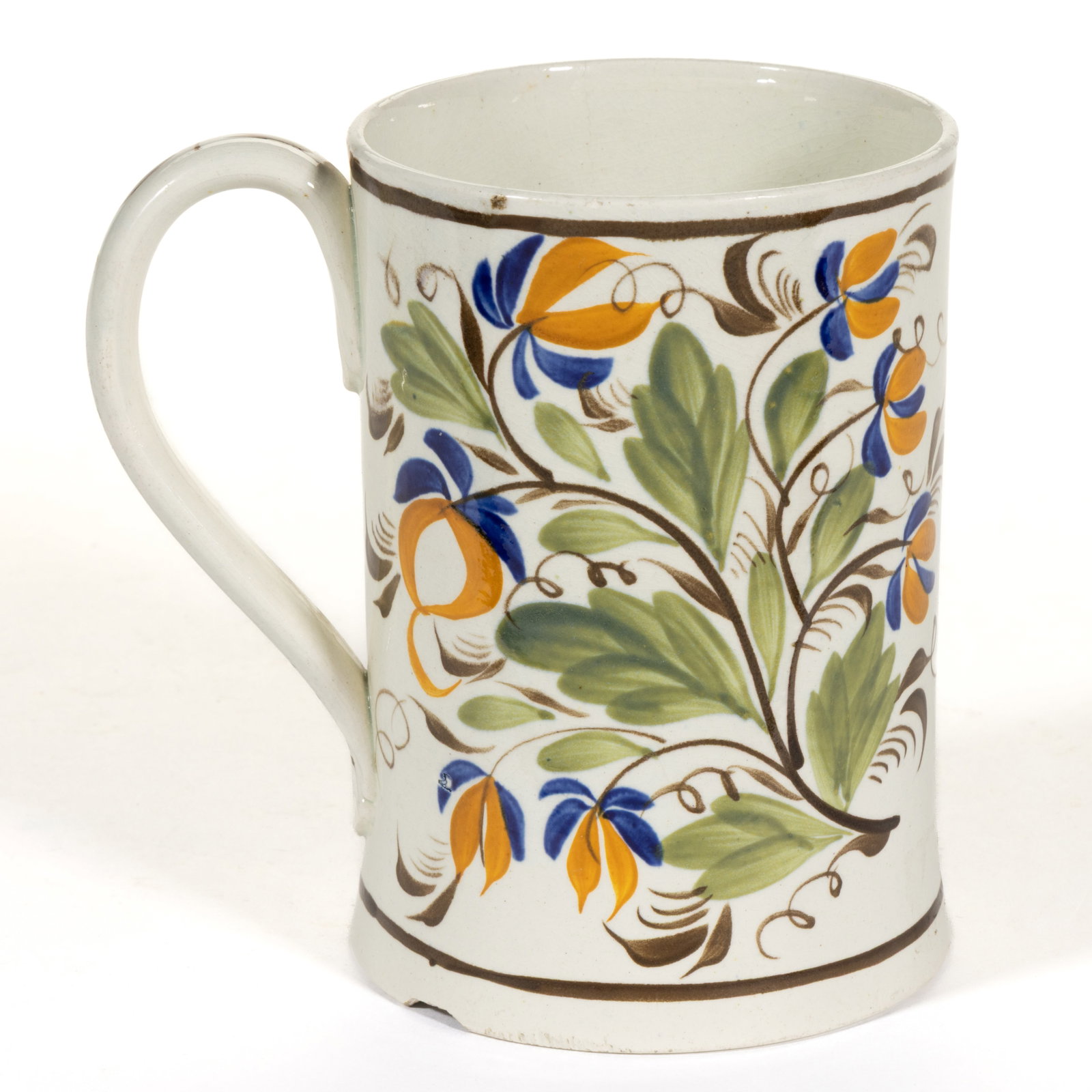 BRITISH PEARLWARE HAND-PAINTED FLORAL MOTIF CERAMIC TANKARD (1 of 5)