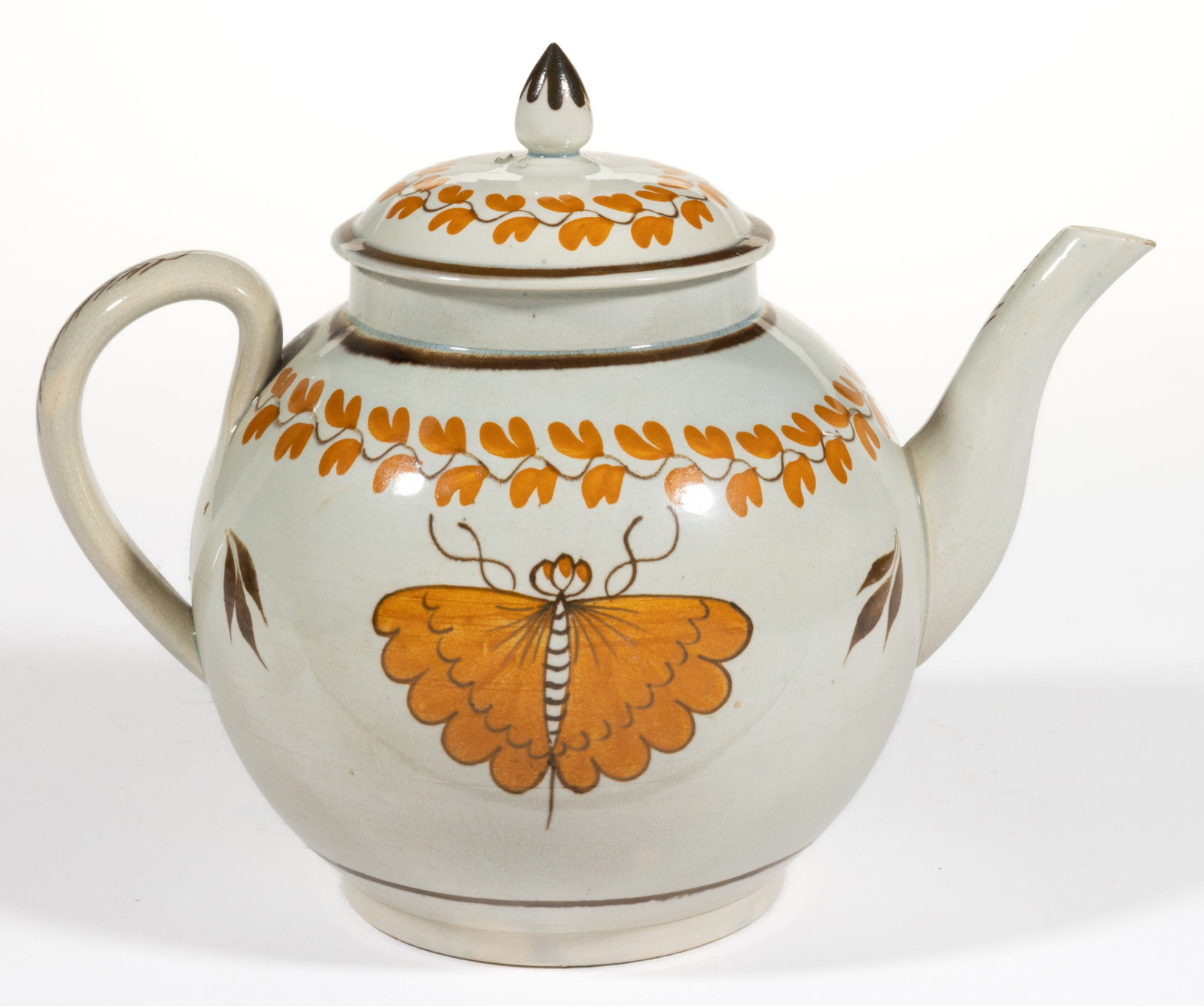 BRITISH PEARLWARE HAND-PAINTED BUTTERFLY / MOTH MOTIF CERAMIC TEAPOT (1 of 5)