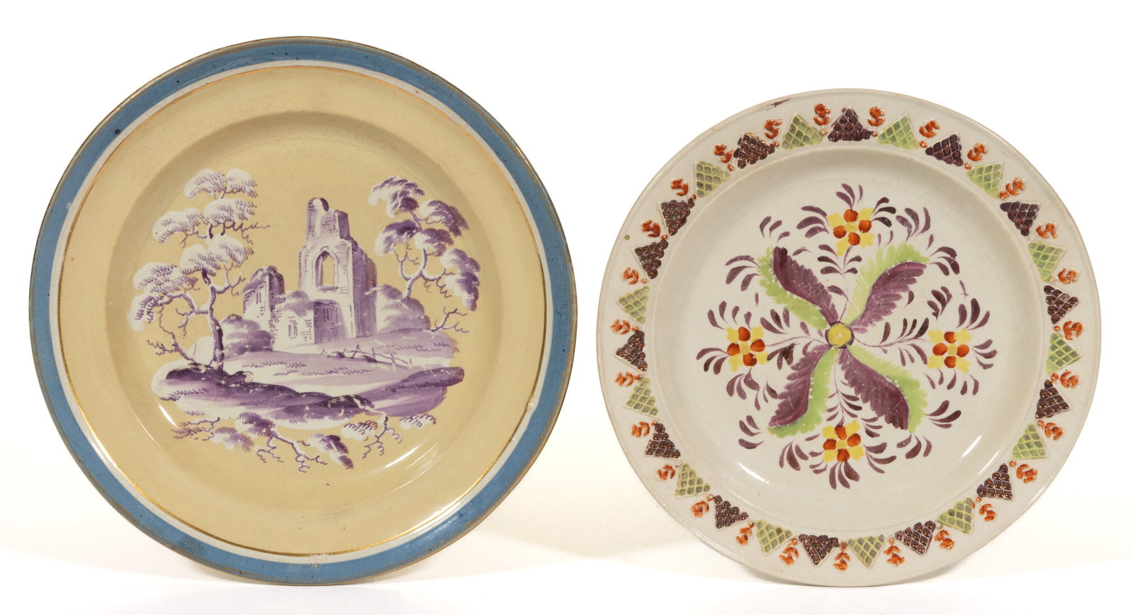 BRITISH HAND-PAINTED CERAMIC PLATES, LOT OF TWO: BRITISH HAND-PAINTED CERAMIC PLATES, LOT OF TWO, comprising a drabware example attributed to Thomas Lakin featuring a purple-painted low-relief image of ruins and trees, having a blue-banded