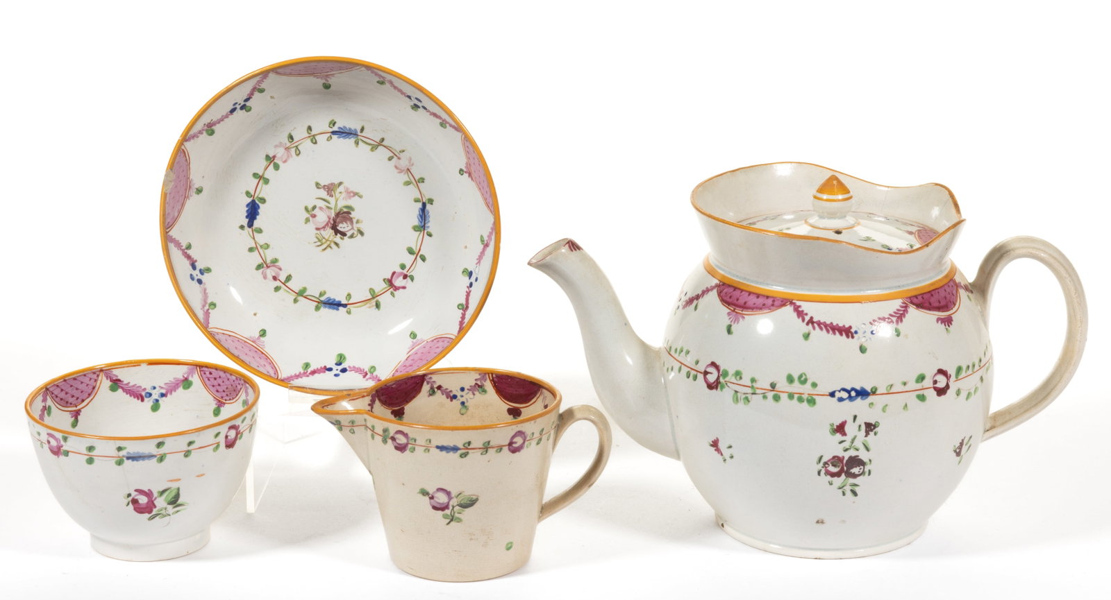 ENGLISH PEARLWARE HAND-PAINTED FLORAL MOTIF PARTIAL TEA SET, LOT OF THREE (1 of 1)