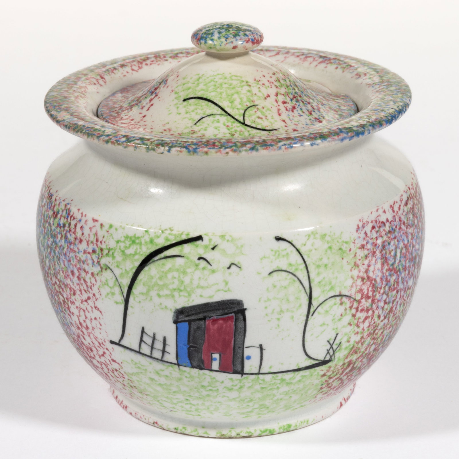 BRITISH SPATTERWARE OUTHOUSE MOTIF COVERED SUGAR BOWL (1 of 5)