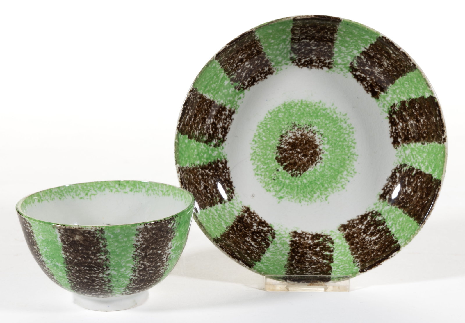 ENGLISH STAFFORDSHIRE SPATTERWARE RAINBOW BULL'S EYE CERAMIC CHILDREN'S CUP AND SAUCER SET (1 of 2)