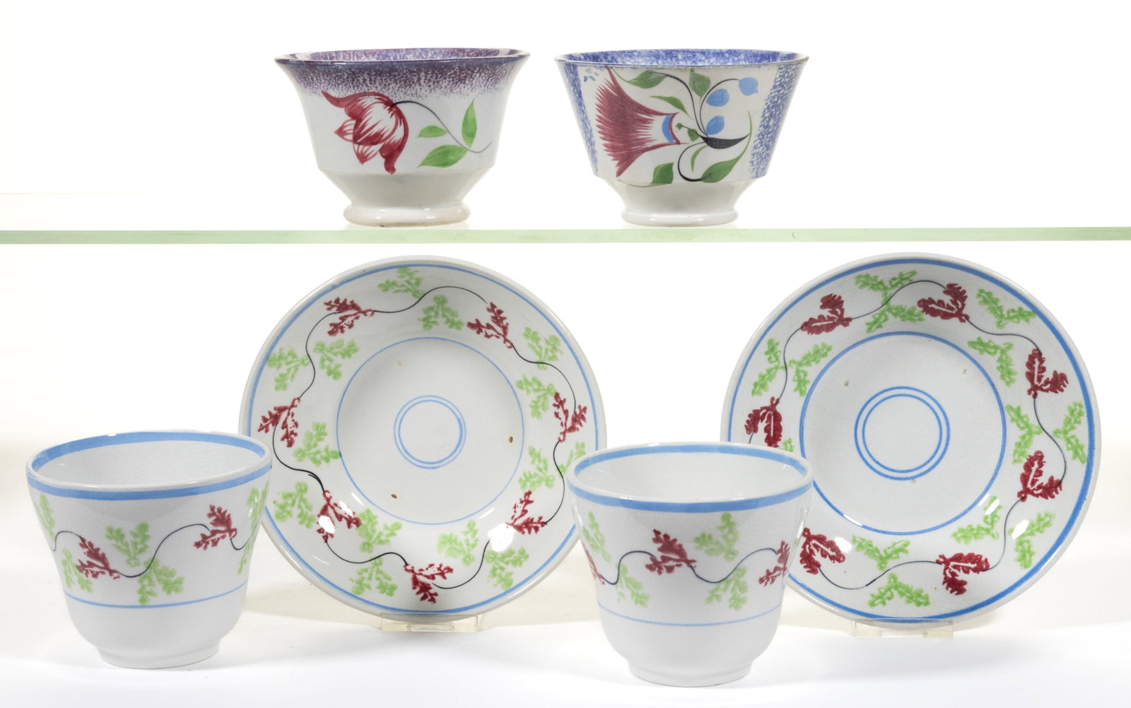 BRITISH SPATTERWARE HAND-PAINTED CERAMIC CUPS AND SAUCERS, LOT OF SIX (1 of 1)