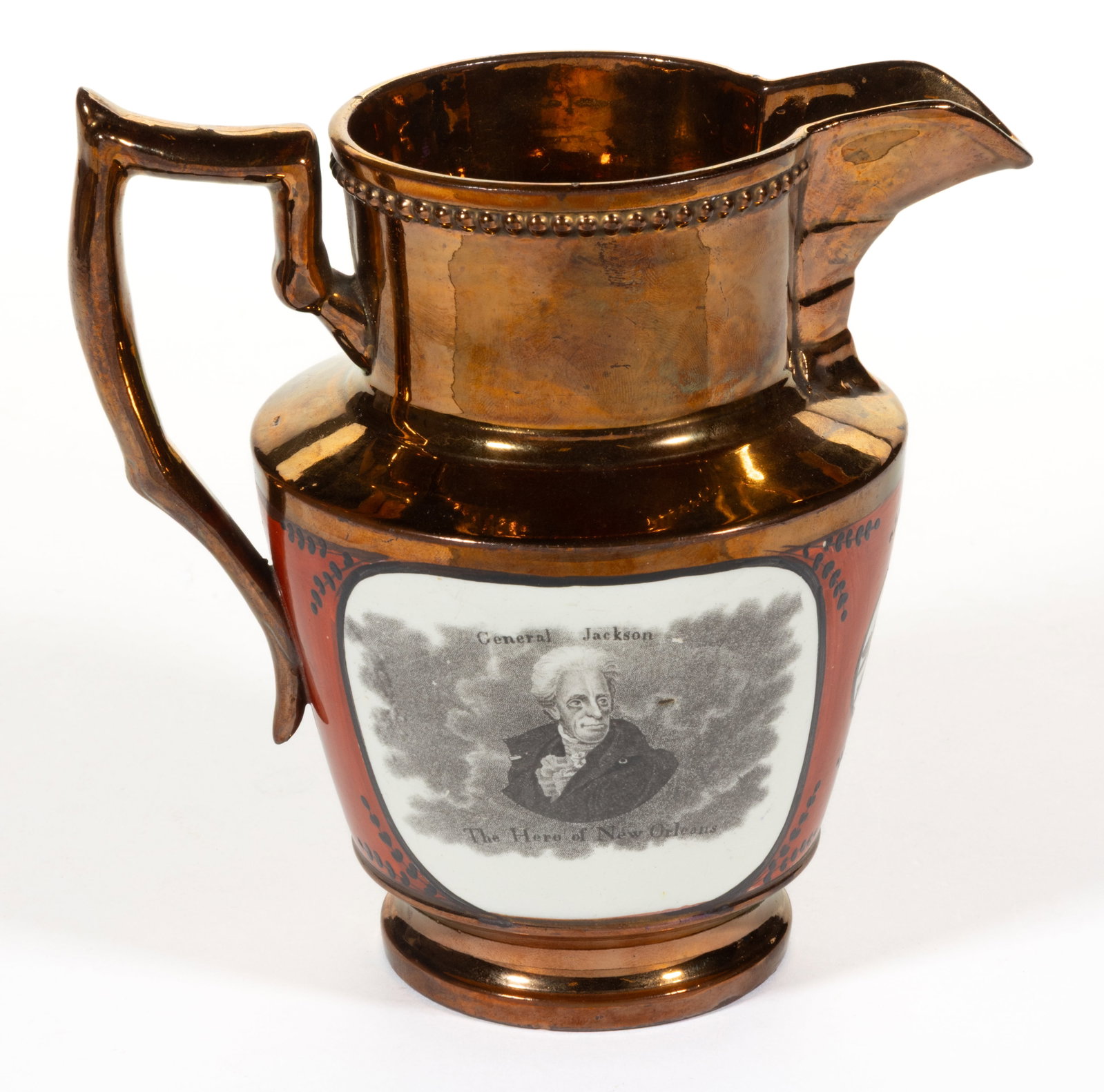 ENGLISH STAFFORDSHIRE AMERICAN HISTORICAL COPPER LUSTRE ANDREW JACKSON CERAMIC PITCHER (1 of 4)