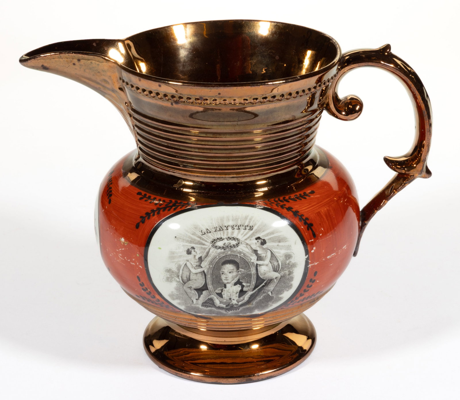 ENGLISH COPPER LUSTRE AMERICAN HISTORICAL "CORNWALLIS" AND "LA FAYETTE" CERAMIC JUG / PITCHER: ENGLISH COPPER LUSTRE AMERICAN HISTORICAL "CORNWALLIS" AND "LA FAYETTE" CERAMIC JUG / PITCHER, beaded rim with ribbed neck above a globular waist, tapering to a cylindrical fo