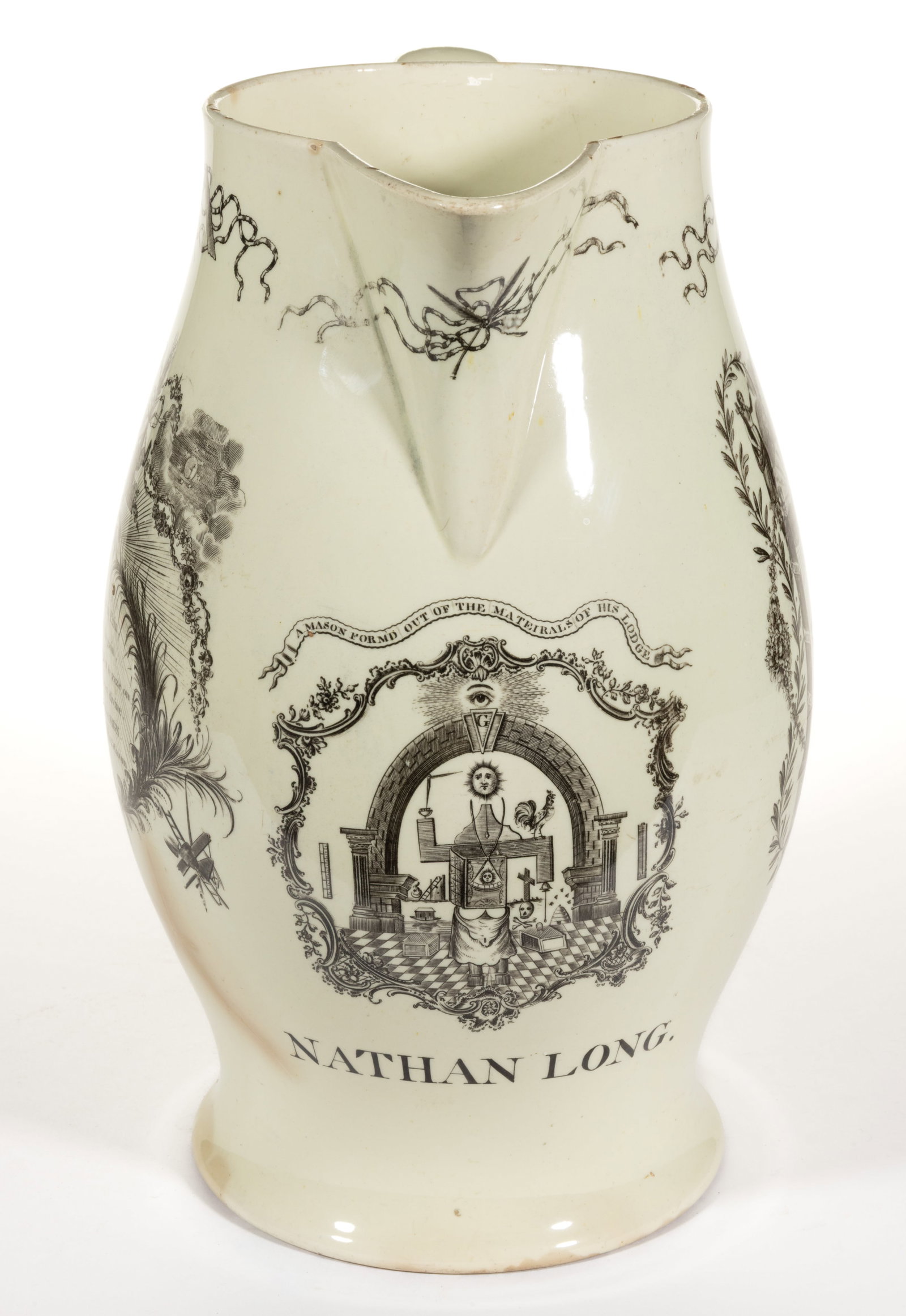 ENGLISH CREAMWARE TRANSFER-PRINTED PERSONALIZED AMERICAN HISTORICAL / MASONIC LARGE JUG: ENGLISH CREAMWARE TRANSFER-PRINTED PERSONALIZED AMERICAN HISTORICAL / MASONIC LARGE JUG, baluster form, each side having black transfer images depicting various masonic emblems including one feat