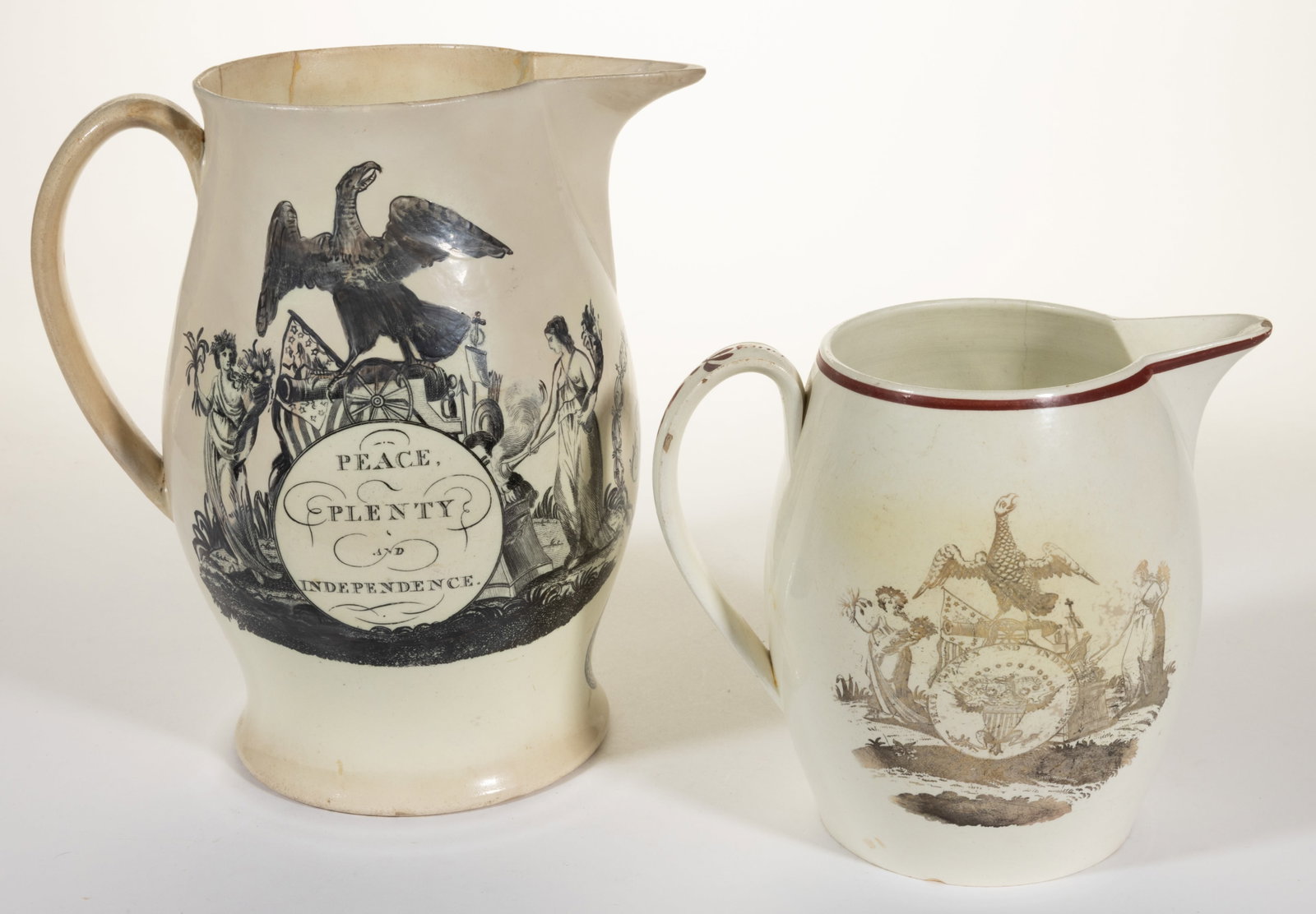 ENGLISH CREAMWARE TRANSFER-PRINTED AMERICAN HISTORICAL JUGS / PITCHERS, LOT OF TWO (1 of 6)