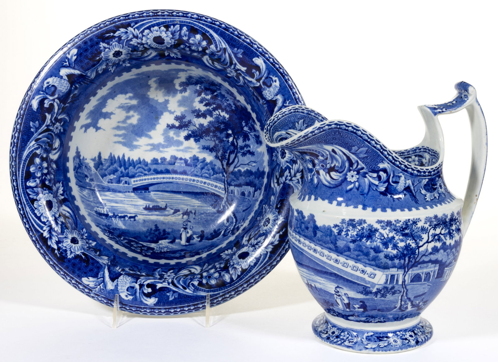 ENGLISH STAFFORDSHIRE AMERICAN VIEW PENNSYLVANIA TRANSFER-PRINTED CERAMIC WASH PITCHER AND BASIN (1 of 3)