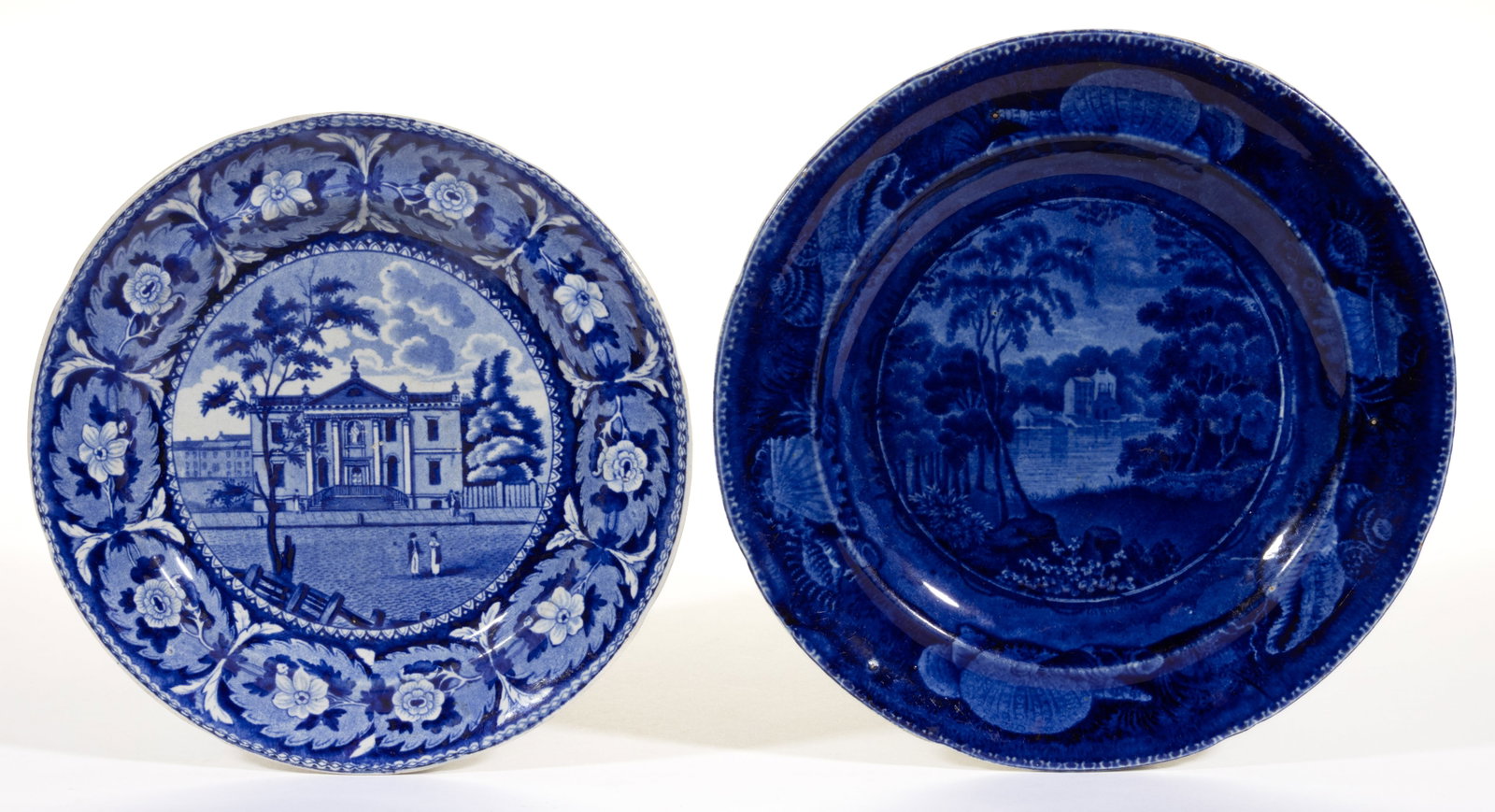 ENGLISH STAFFORDSHIRE AMERICAN VIEWS TRANSFER-PRINTED CERAMIC PLATES, LOT OF TWO: ENGLISH STAFFORDSHIRE AMERICAN VIEWS TRANSFER-PRINTED CERAMIC PLATES, LOT OF TWO, each having dark blue transfer scenes with titles printed to back, comprising one example featuring "GILPIN'S