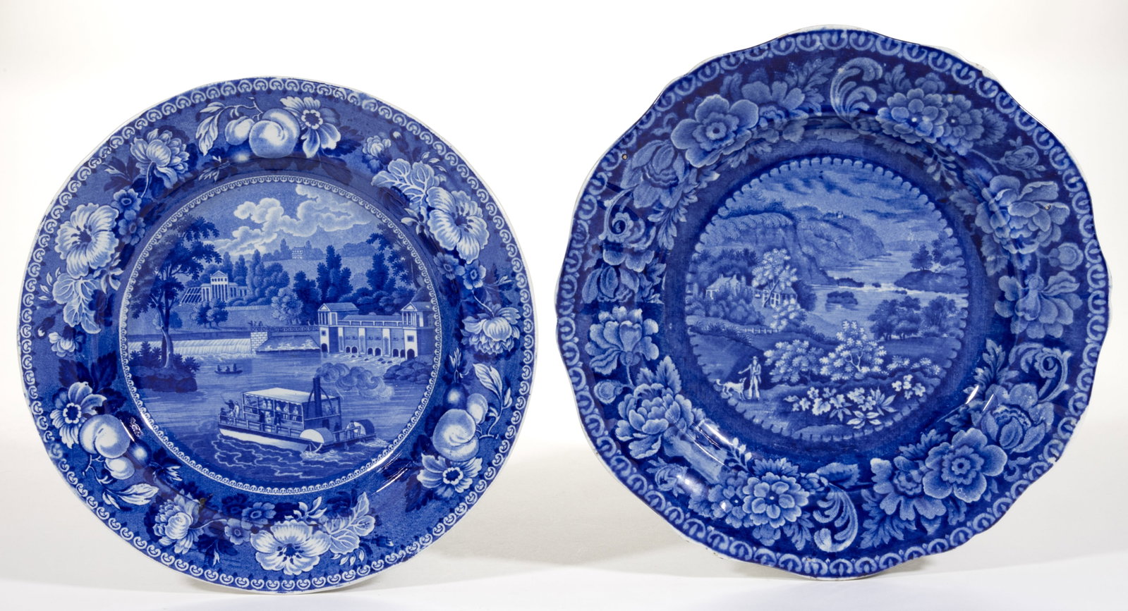 ENGLISH STAFFORDSHIRE AMERICAN VIEWS PHILADELPHIA, PENNSYLVANIA TRANSFER-PRINTED CERAMIC PLATES, LOT: ENGLISH STAFFORDSHIRE AMERICAN VIEWS PHILADELPHIA, PENNSYLVANIA TRANSFER-PRINTED CERAMIC PLATES, LOT OF TWO, each having dark blue transfer scenes with printed titles to back, comprising one example f