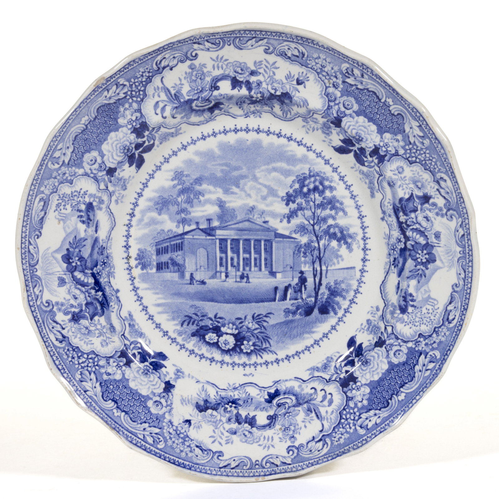 ENGLISH STAFFORDSHIRE AMERICAN VIEW PHILADELPHIA "DUMB ASYLUM" TRANSFER-PRINTED PLATE (1 of 2)