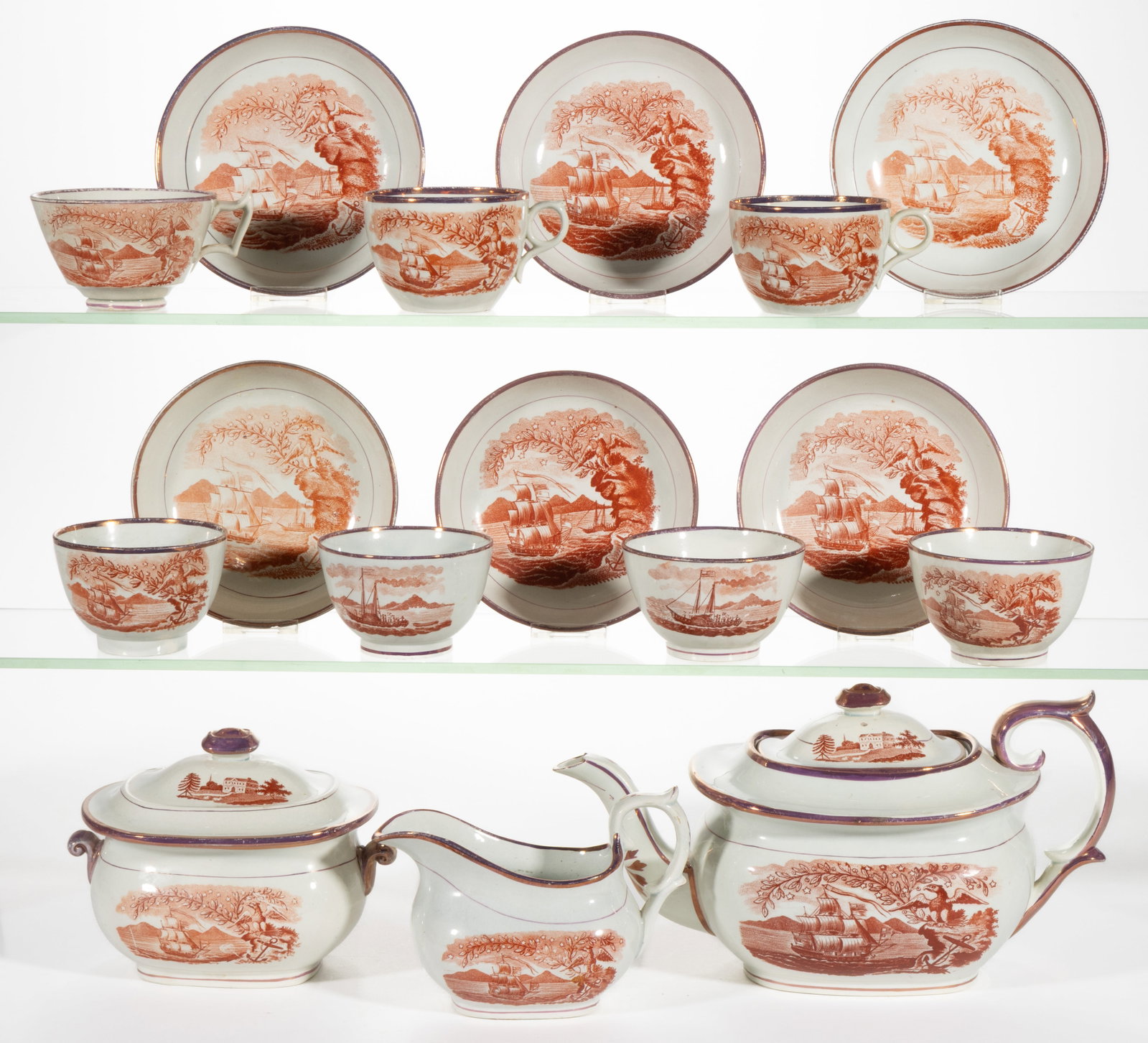 ENGLISH STAFFORDSHIRE PEARLWARE AMERICAN HISTORICAL / NAVAL MOTIF CERAMIC 16-PIECE TEA SET (1 of 1)