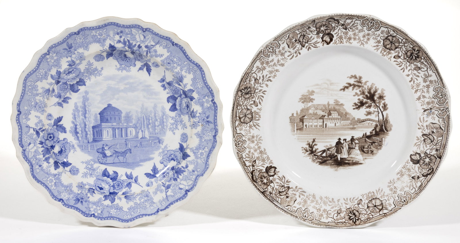 ENGLISH STAFFORDSHIRE AMERICAN VIEWS PENNSYLVANIA TRANSFER-PRINTED CERAMIC PLATES, LOT OF TWO: ENGLISH STAFFORDSHIRE AMERICAN VIEWS PHILADELPHIA, PENNSYLVANIA TRANSFER-PRINTED CERAMIC PLATES, LOT OF TWO, comprising one brown/sepia transfer example featuring the "Schuylkill Water Works
