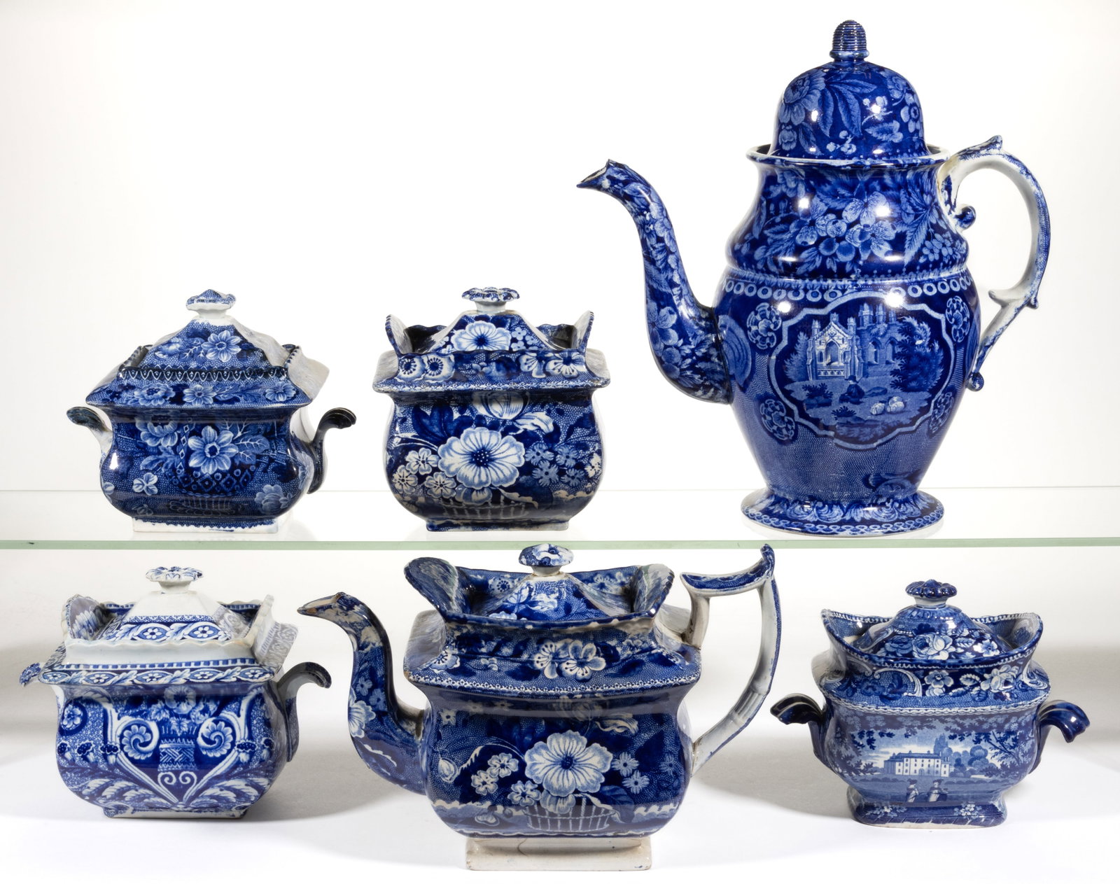 ENGLISH STAFFORDSHIRE BLUE TRANSFER-PRINTED CERAMIC COFFEE AND TEA ARTICLES, LOT OF SIX (1 of 1)