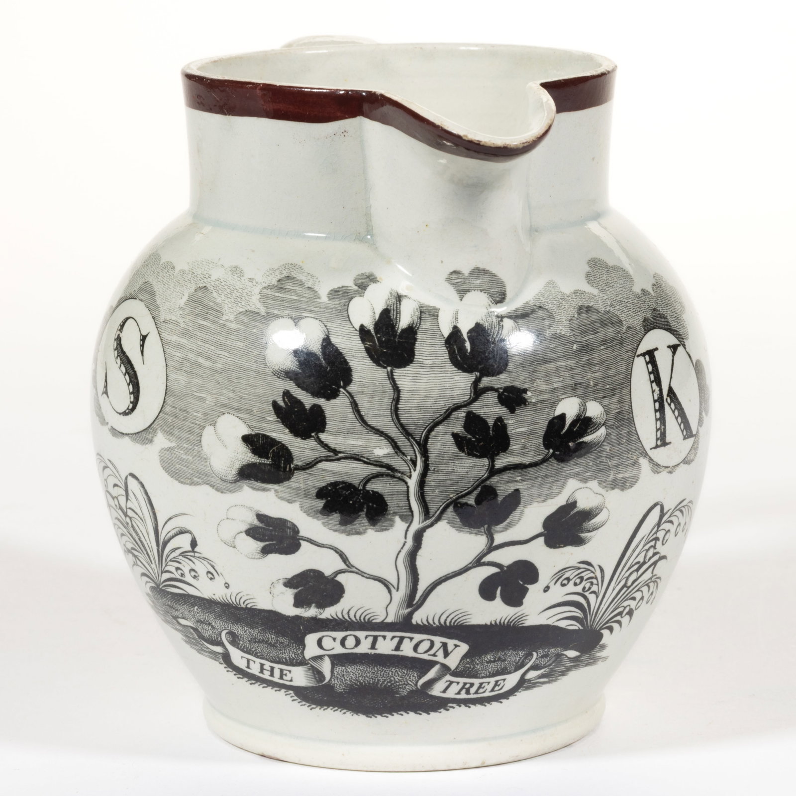ENGLISH PEARLWARE STAFFORDSHIRE TRANSFER-PRINTED SOUTHERN INTEREST COTTON MOTIF CERAMIC JUG / (1 of 5)