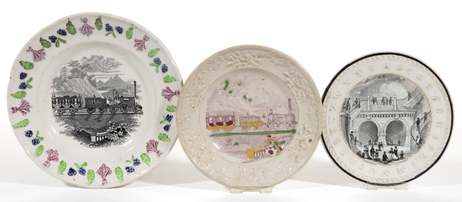 BRITISH EMBOSSED DECORATIONS TRANSFER-PRINTED CERAMIC CHILDREN'S PLATES, LOT OF THREE (1 of 2)