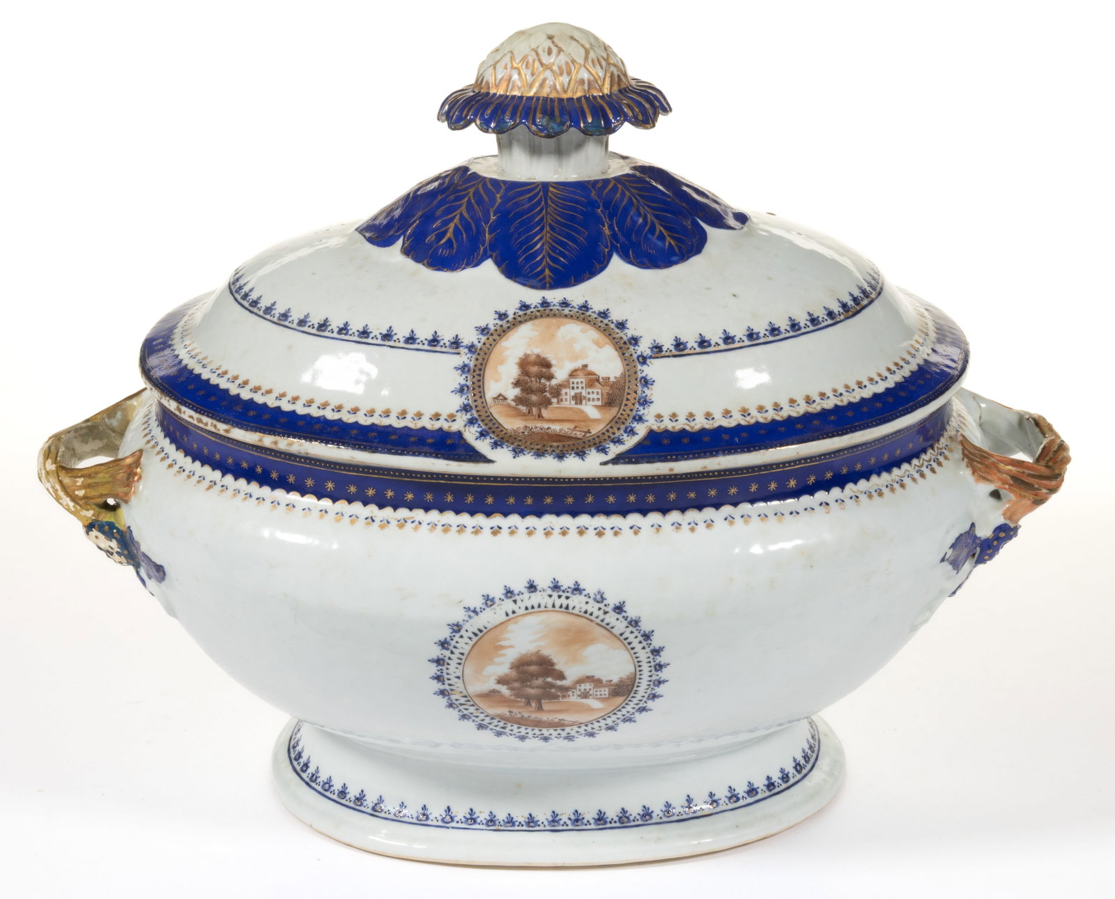 CHINESE EXPORT PORCELAIN HAND-PAINTED SOUP TUREEN: CHINESE EXPORT PORCELAIN HAND-PAINTED SOUP TUREEN, ovoid form with open entwined handles and cover having a large figural flower finial, featuring sepia image to center depicting a cartouche