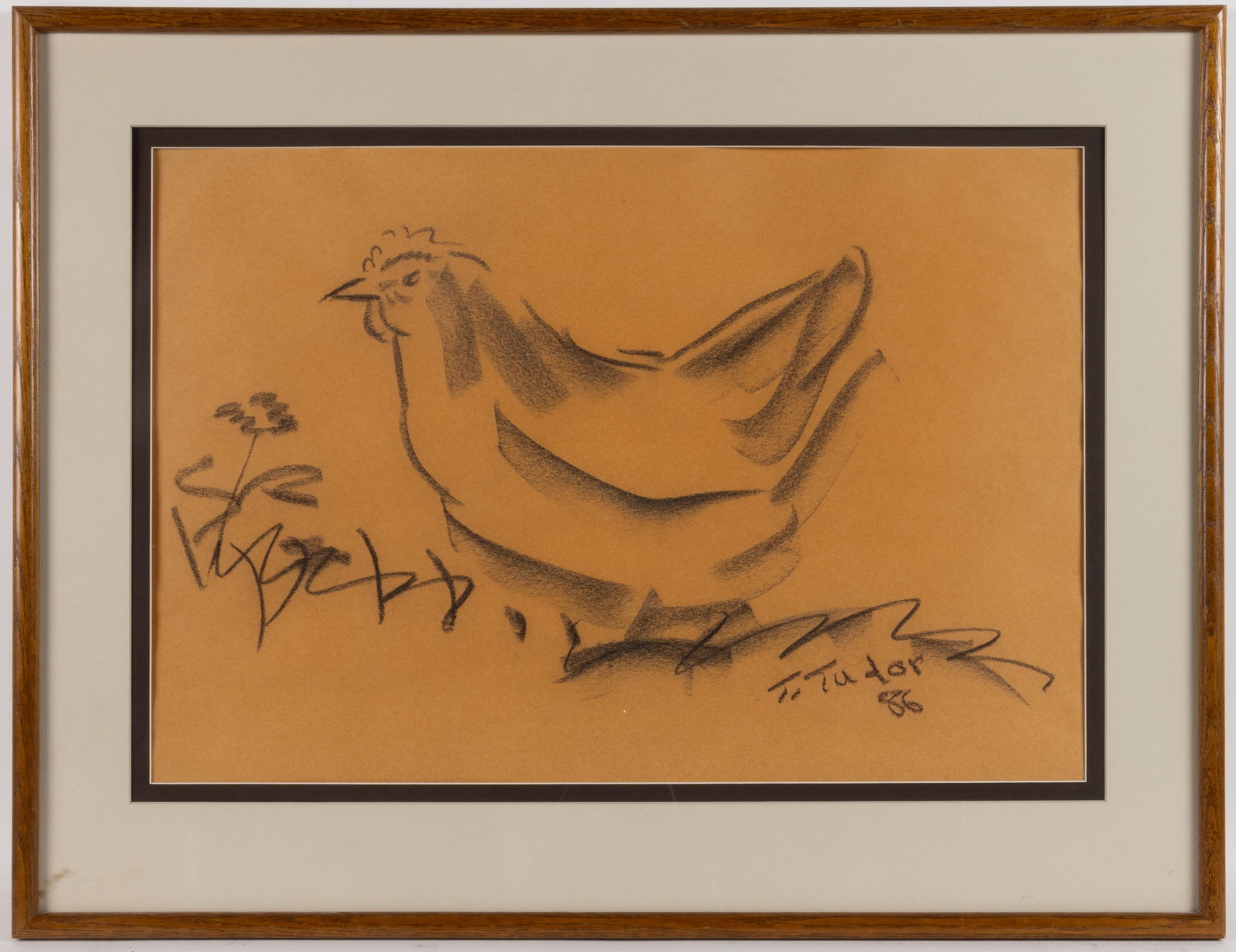 TASHA TUDOR (AMERICAN, 1915-2008) LARGE-SCALE DRAWING OF A CHICKEN: TASHA TUDOR (AMERICAN, 1915-2008) LARGE-SCALE DRAWING OF A CHICKEN, charcoal on brown paper, depicting a hen standing in the grass with a flower in front of it. Signed and dated "T. Tudor / 86". Conse