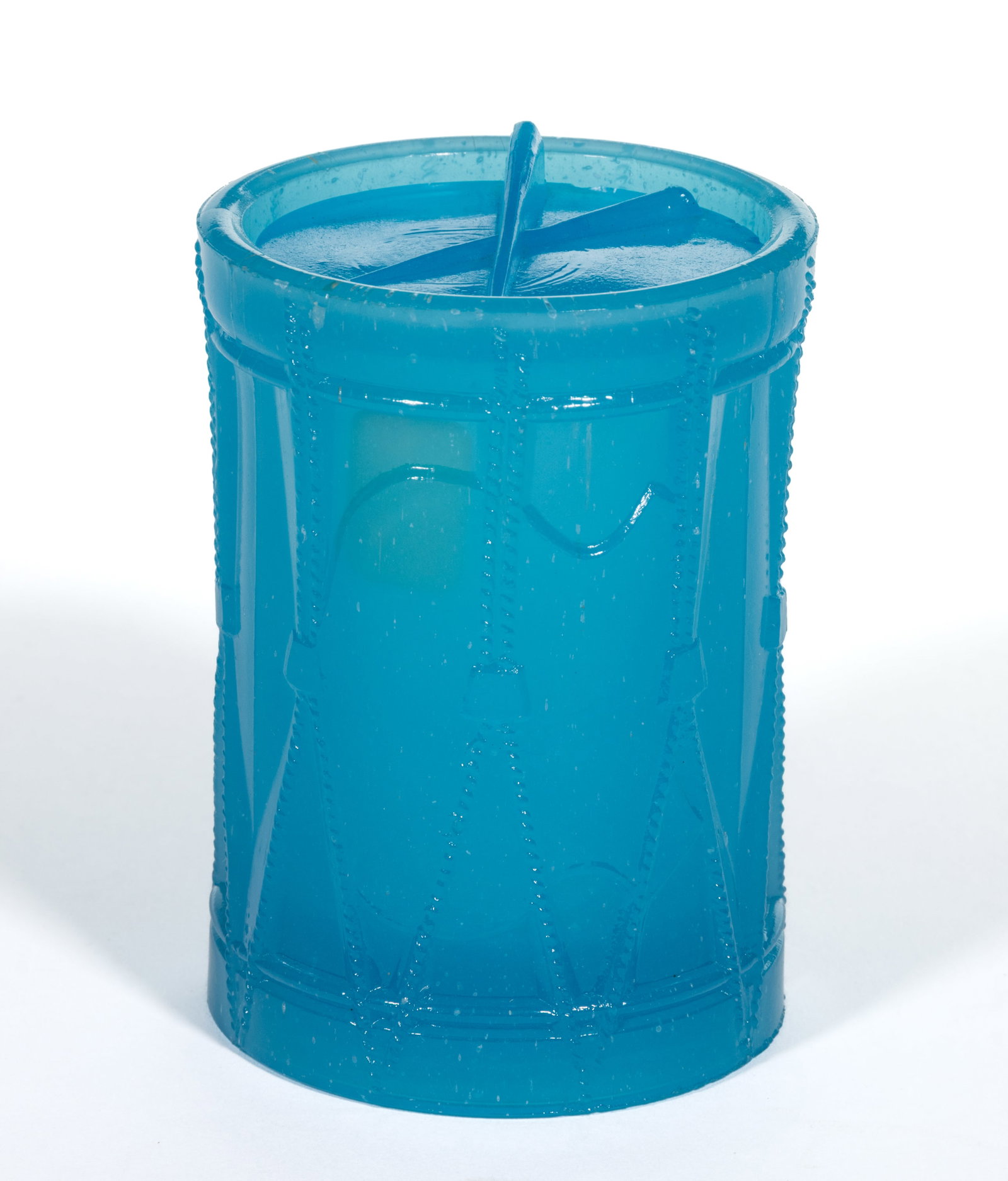 PRESSED DRUM LARGE-SIZE POMADE JAR: PRESSED DRUM LARGE-SIZE POMADE JAR, translucent starch blue, shield on side without lettering, cover with crossed drumsticks. Boston & Sandwich Glass Co. 1850-1870. 3 5/8" HOA, 2