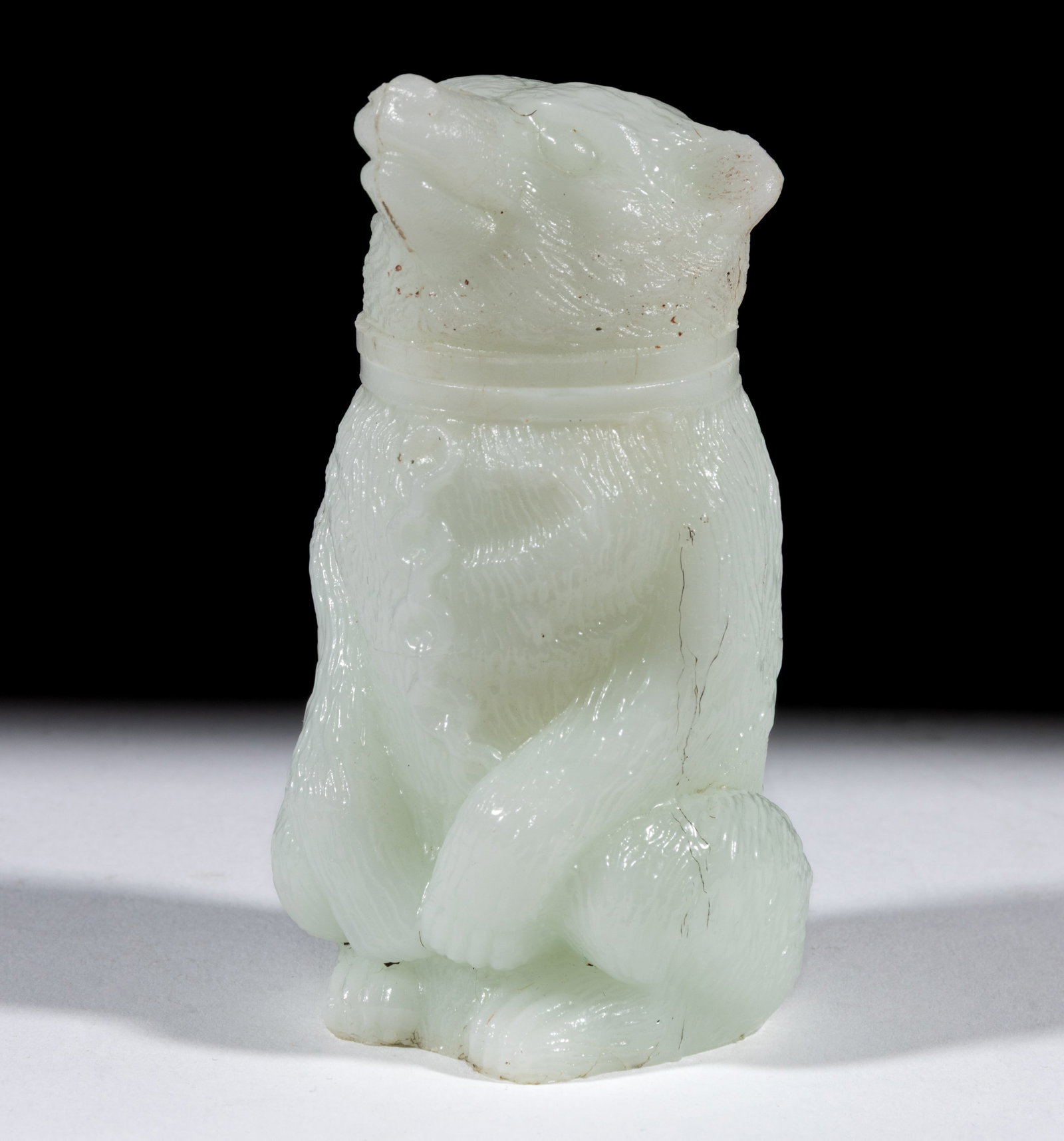 VERY RARE PRESSED CHAINED BEAR LOOKING UP SMALL-SIZE POMADE JAR: VERY RARE PRESSED CHAINED BEAR LOOKING UP SMALL-SIZE POMADE JAR, alabaster/clambroth, embossed "A C.24G2" to concave underside. Possibly Continental. 1850-1887. 4" HOA, 1