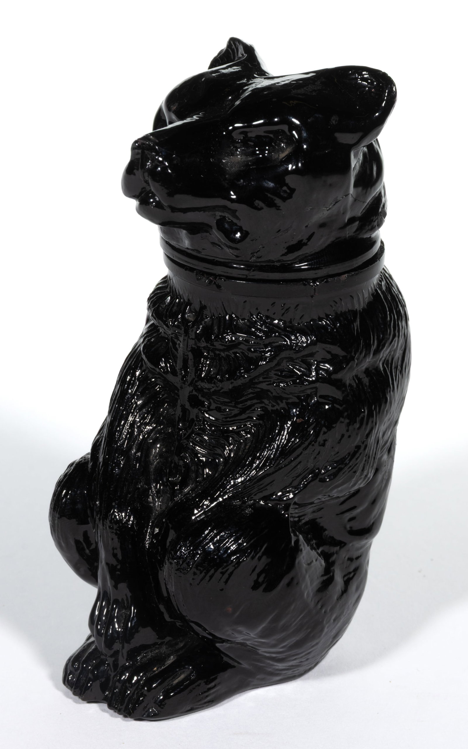 PRESSED CHAINED BEAR MEDIUM-SIZE JAR: PRESSED CHAINED BEAR MEDIUM-SIZE JAR, opaque black, embossed "X. BAZIN / PHILA" under base. Boston & Sandwich Glass Co. 1850-1870. 4 3/4" HOA, 1 5/8" D rim. Literature: