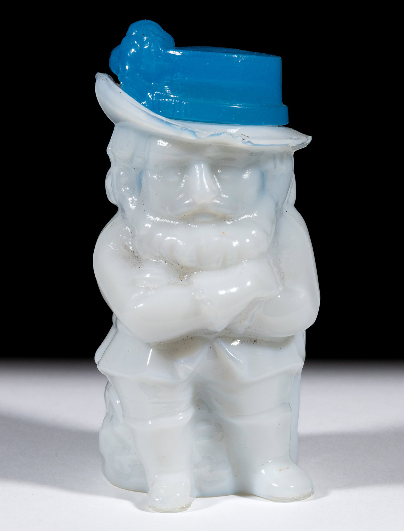 PRESSED CAVALIER POMADE JAR: PRESSED CAVALIER POMADE JAR, translucent alabaster/clambroth and translucent starch blue hat and plum form cover, embossed "E. T. S & Co. / NY" under base. Boston & Sandwich Glass