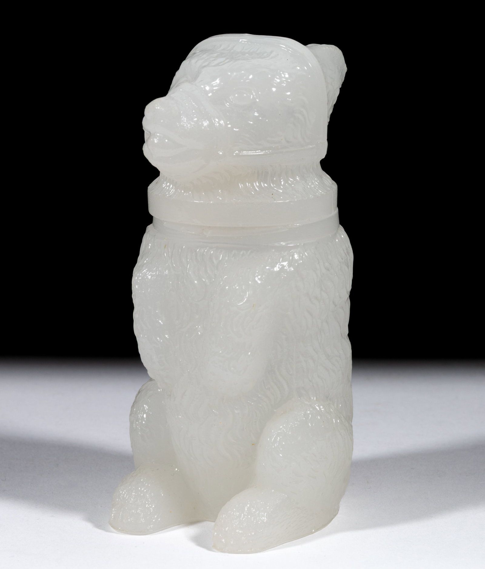 PRESSED MUZZLED BEAR MEDIUM-SIZE JAR: PRESSED MUZZLED BEAR MEDIUM-SIZE JAR, alabaster/clambroth, embossed "J. HAUEL & CO / PHILADA." to the underside of the base. Boston & Sandwich Glass Co. 1850-1887. 4 1/2"