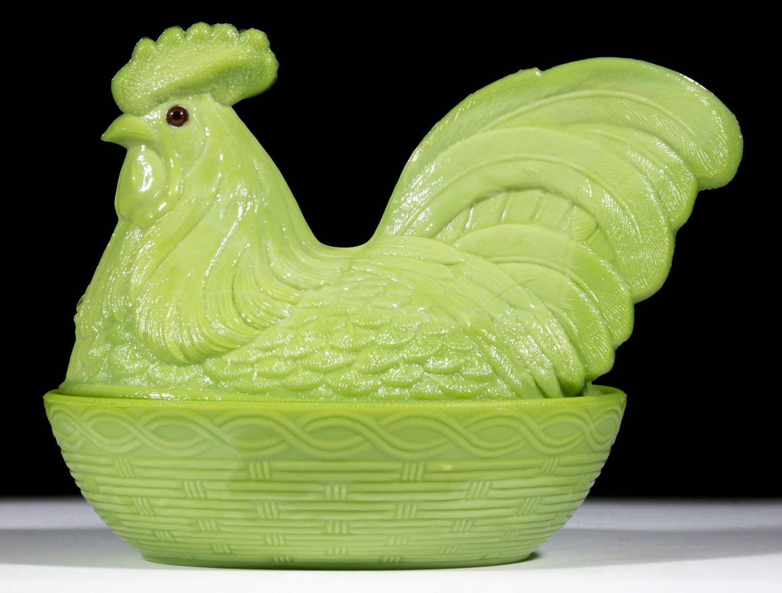 CHALLINOR ROOSTER COVERED DISH: CHALLINOR ROOSTER COVERED DISH, Nile Green, with applied eyes and basketweave base. Challinor, Taylor & Co. Fourth quarter 19th century. 6" HOA, 5 1/2" x 7" base rim. Lit