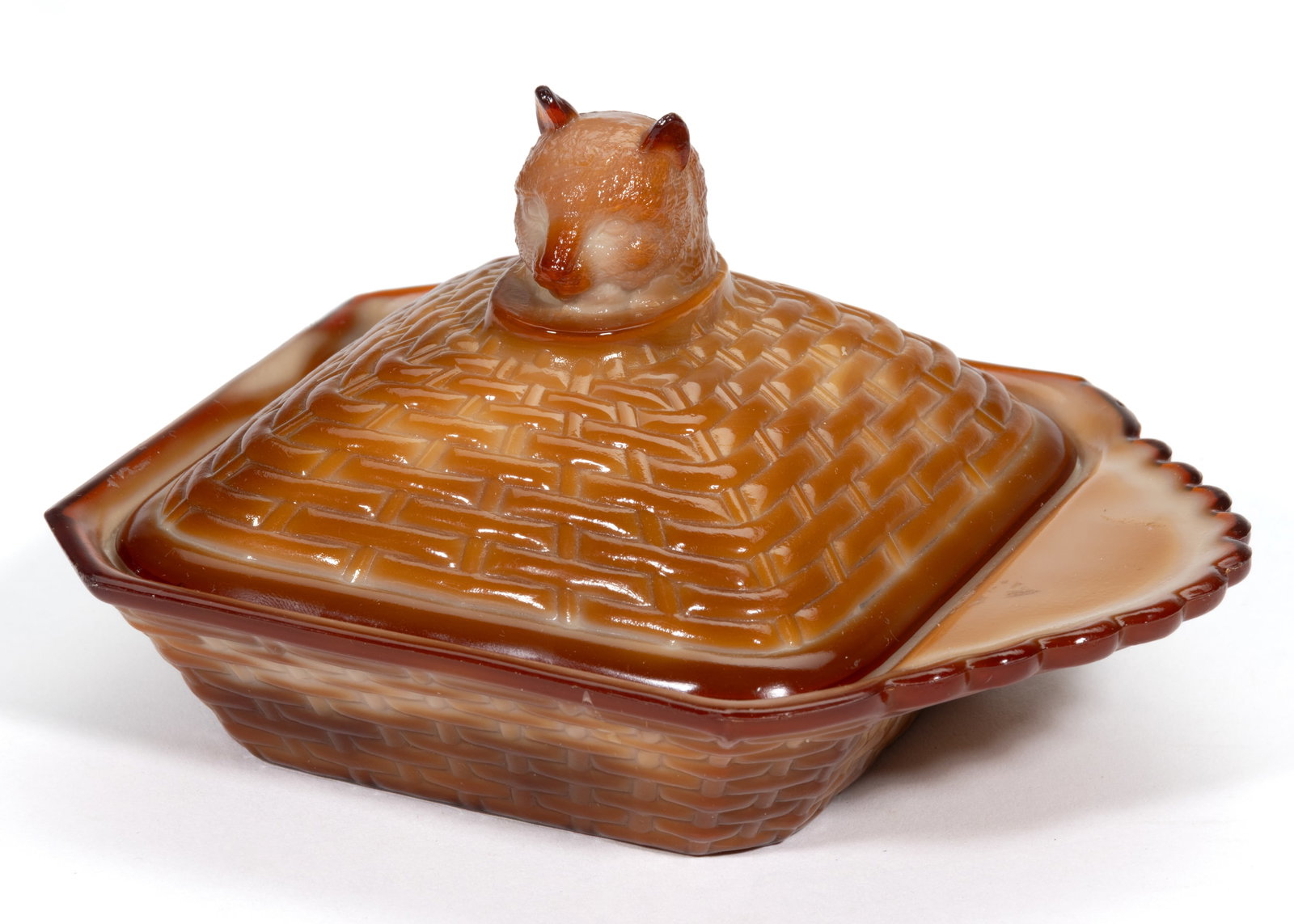 GREENTOWN CAT ON HAMPER - LOW / BASKET NAPPY AND COVER (OMN) COVERED DISH: GREENTOWN CAT ON HAMPER - LOW / BASKET NAPPY AND COVER (OMN) COVERED DISH, chocolate. Indiana Tumbler & Goblet Co. Early 20th century. 3 5/8" HOA, 5" x 6 1/4". Literature