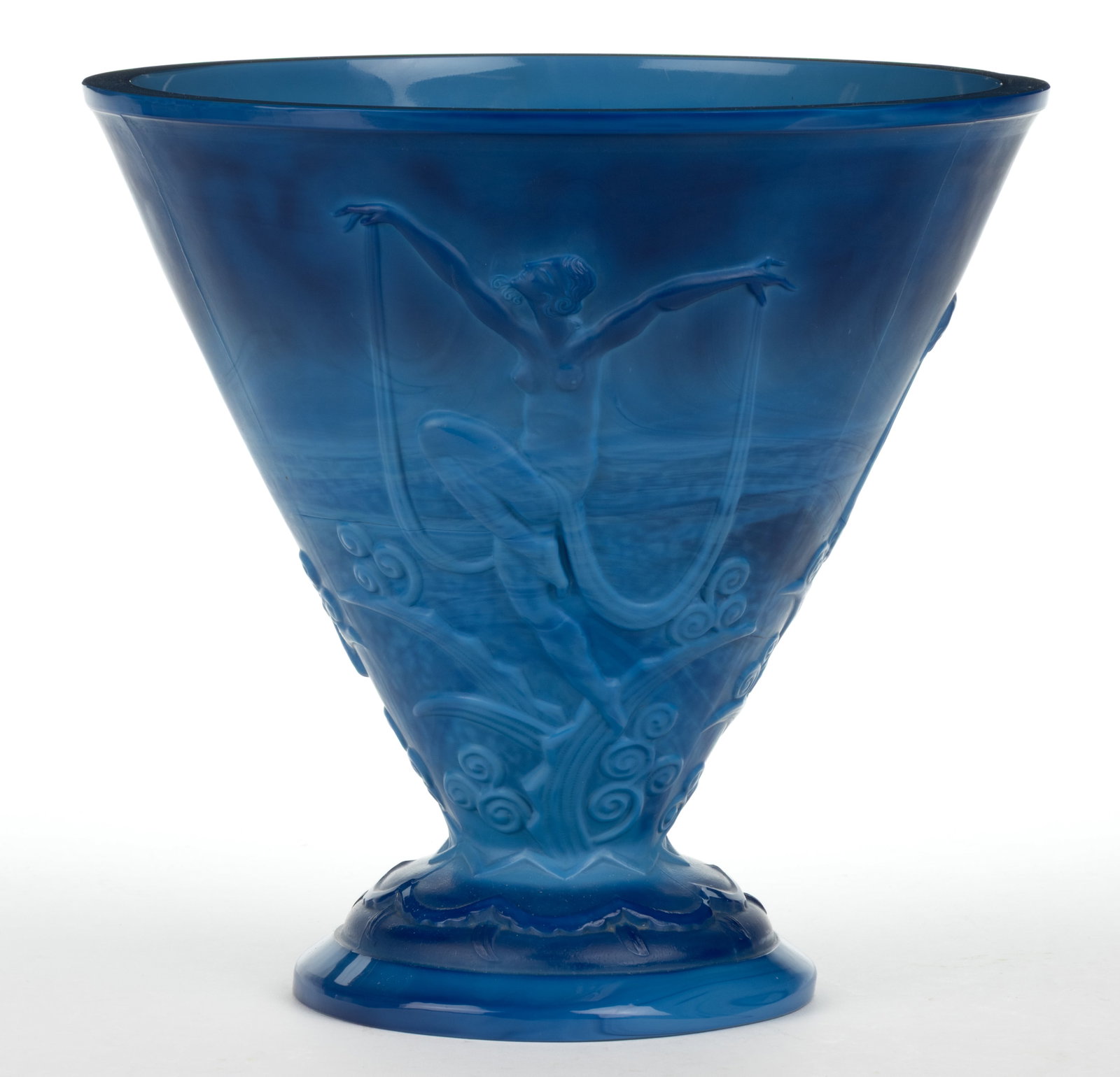 "INGRID" ART DECO NUDE VASE: "INGRID" ART DECO VASE, opaque lapis lazuli, featuring three Classical nudes dancing. Designed by Curt Schlevogt, manufactured by Riedel Glass Works. Circa 1934. 9 7/8&qu