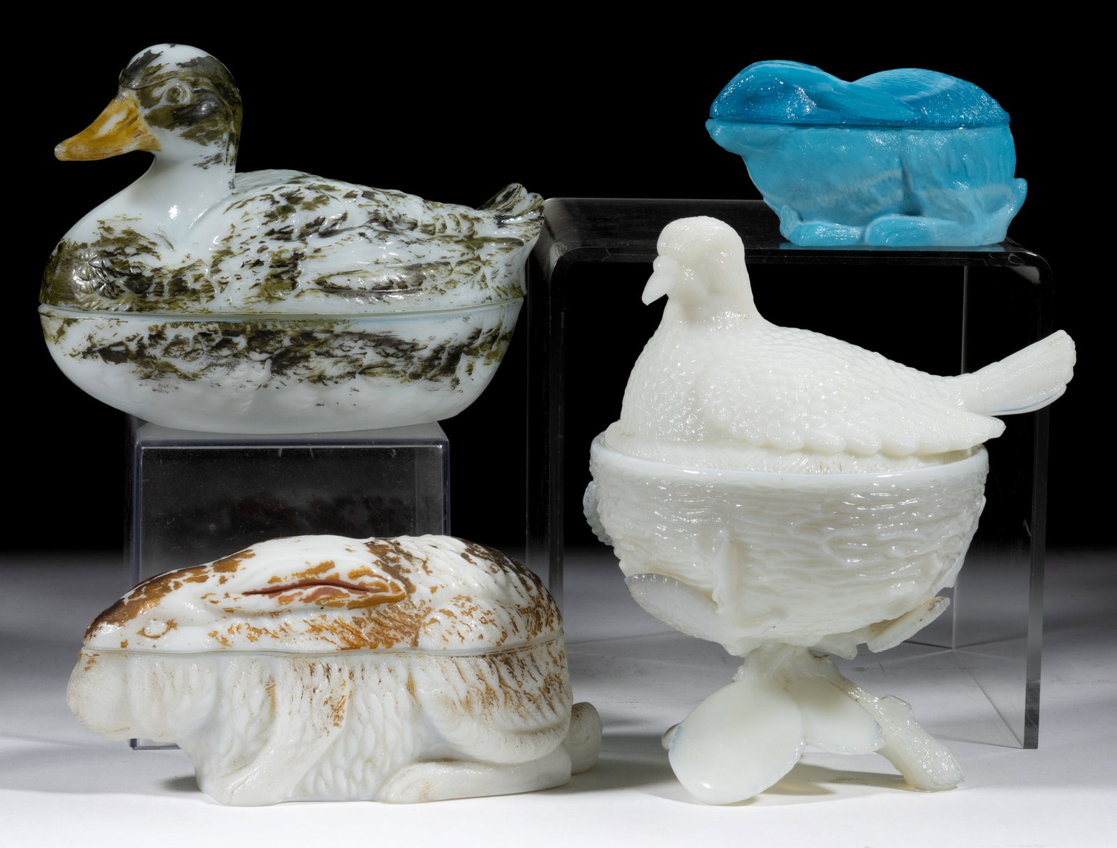ASSORTED PRESSED FIGURAL OPAQUE GLASS COVERED DISHES, LOT OF FOUR (1 of 1)