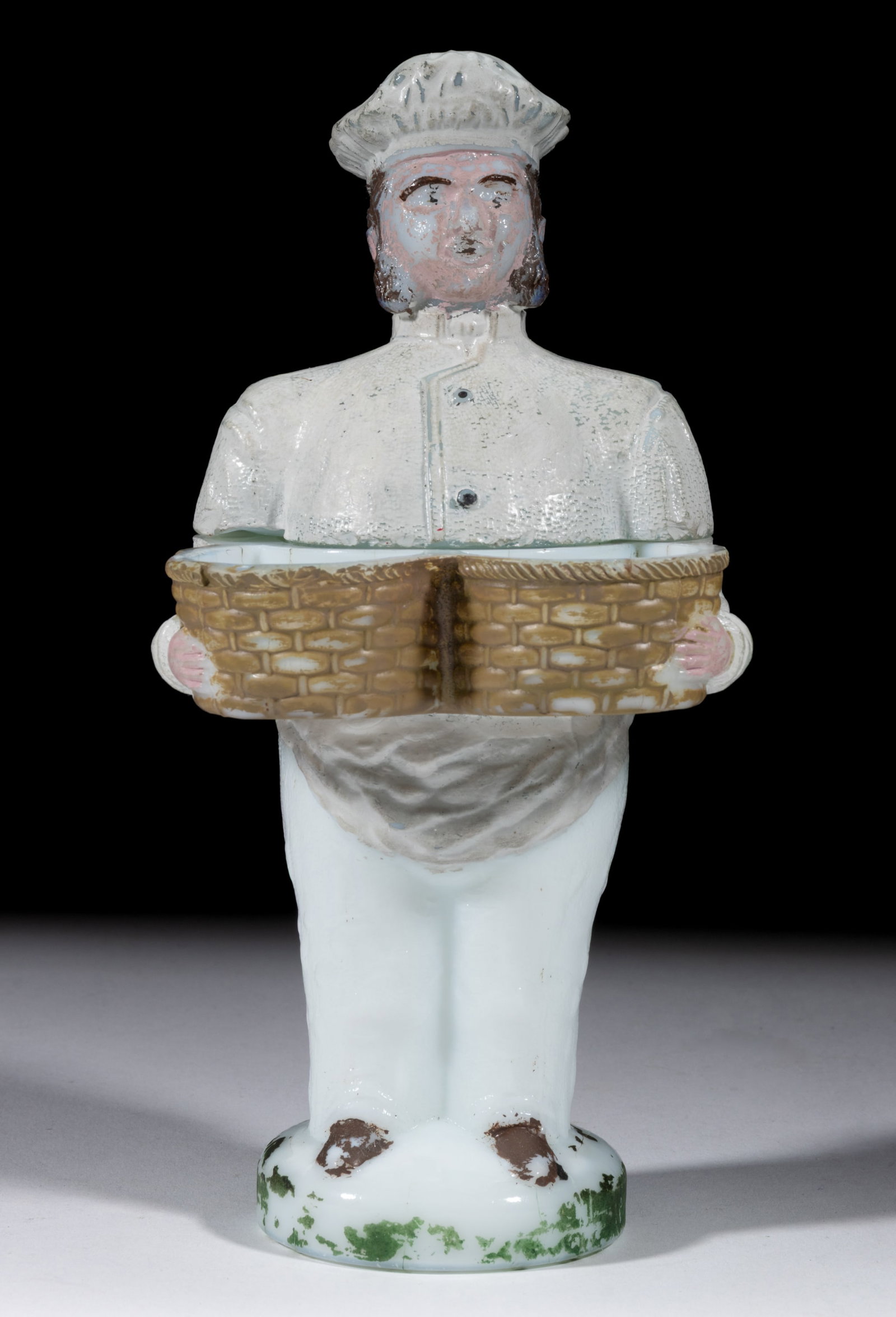 BAKER MAN COVERED DISH: BAKER MAN COVERED DISH, opaque white/milk glass with original paint decoration. Maker unverified. Fourth quarter 19th/first quarter 20th century. 8 1/4" HOA. Literature: Parallels Chiarenza