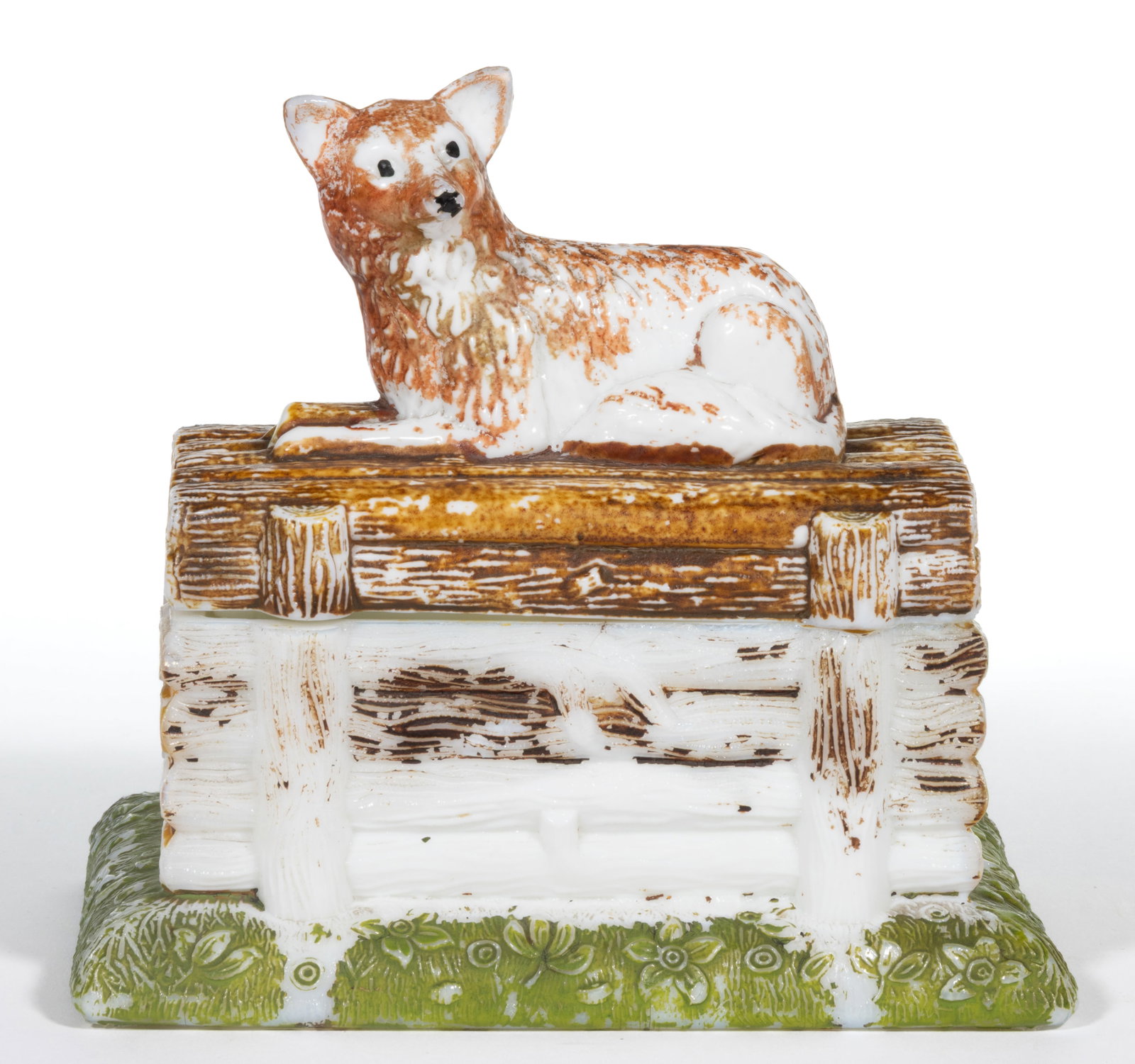 FOX ON LOGS COVERED DISH: FOX ON LOGS COVERED DISH, opaque white/milk glass with original paint decoration. Maker unverified. Fourth quarter 19th/first quarter 20th century. 5 5/8" HOA, 3 3/4" x 5 7/8"