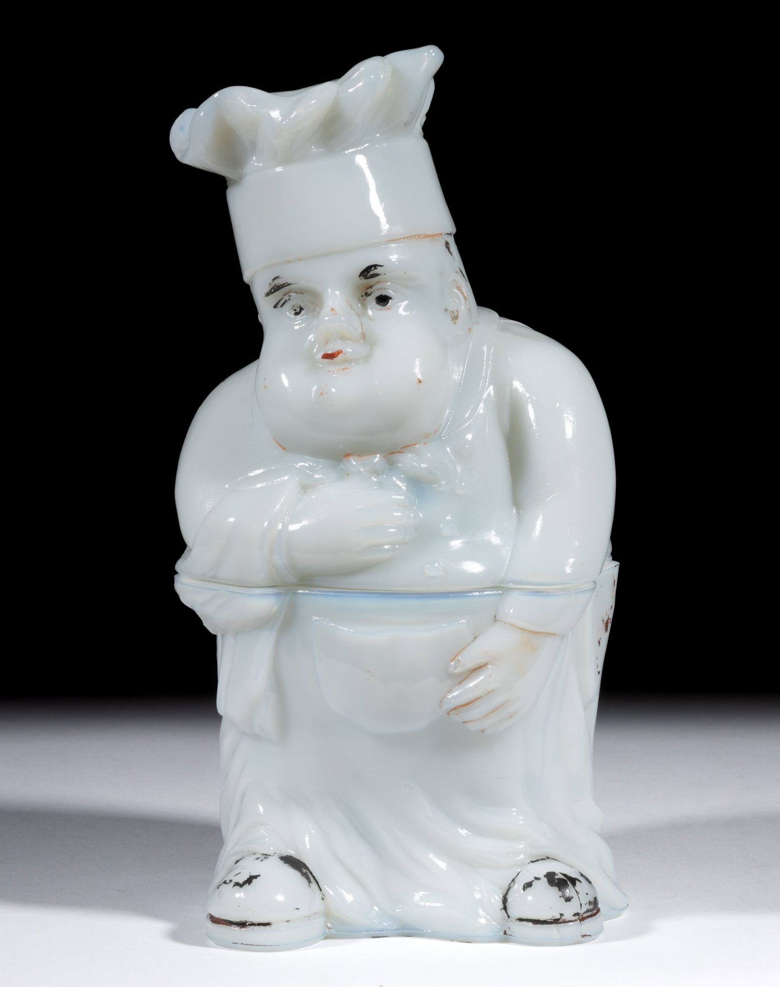 FRENCH CHEF COVERED DISH: FRENCH CHEF COVERED DISH, opaque white/milk glass with original paint decoration, embossed "PORTIEUX" to the base interior. First quarter 20th century. 8 3/8" HOA, 4" x 4
