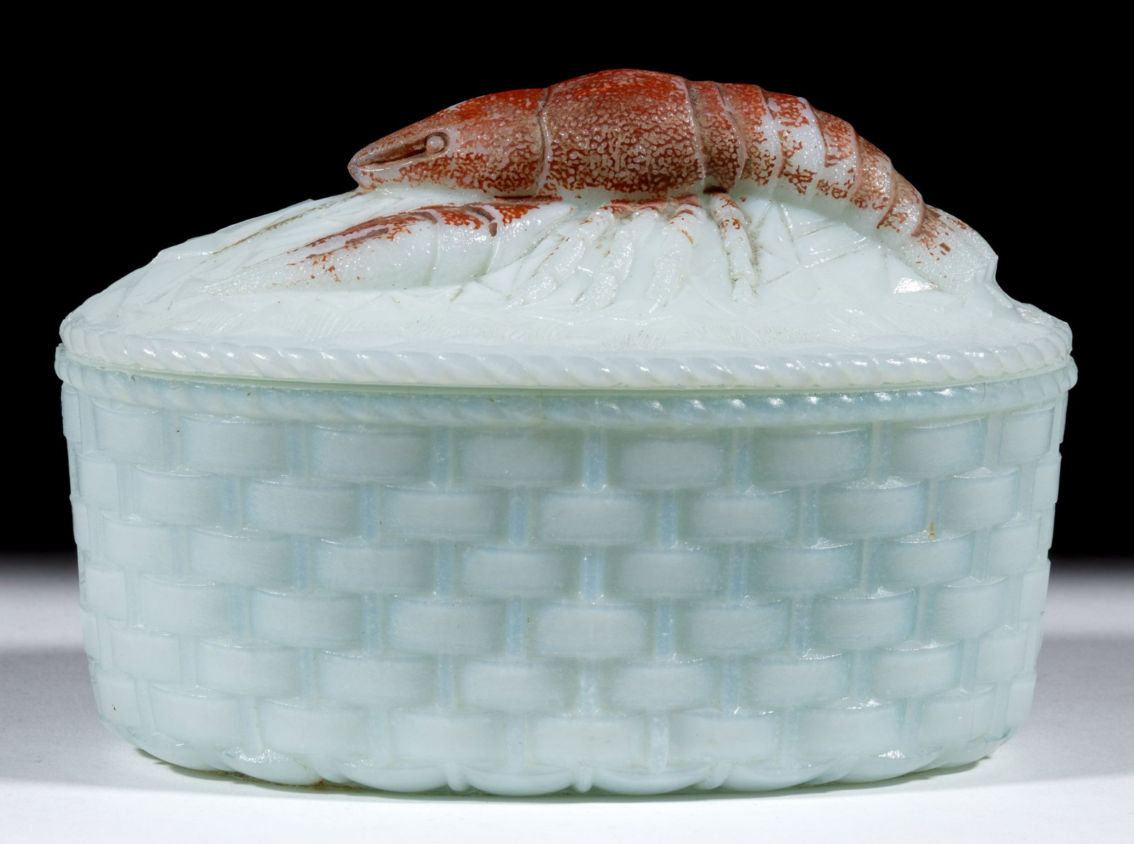 LOBSTER AND BASKETWEAVE COVERED DISH: LOBSTER AND BASKETWEAVE COVERED DISH, opaque white/milk glass with original paint decoration, oval dish with basket weave base. Maker unverified, possibly French. Late 19th/early 20th century. 3