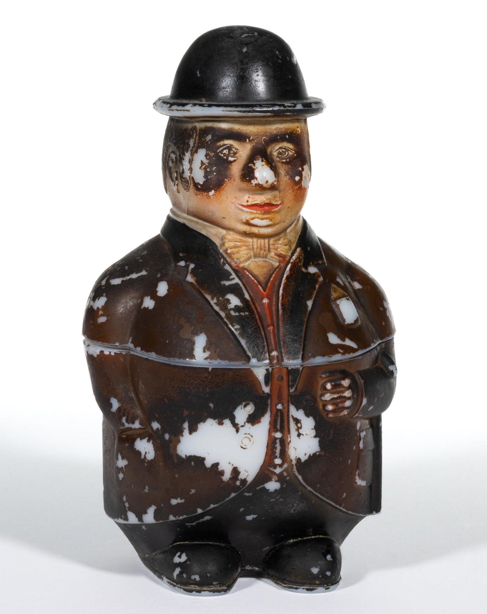 MAN WITH DERBY HAT COVERED DISH: MAN WITH DERBY HAT COVERED DISH, opaque white/milk glass with original paint decoration. Probably French. Late 19th/early 20th century. 7 1/8" HOA. Literature: Parallels Chiarenza/Slater - 
