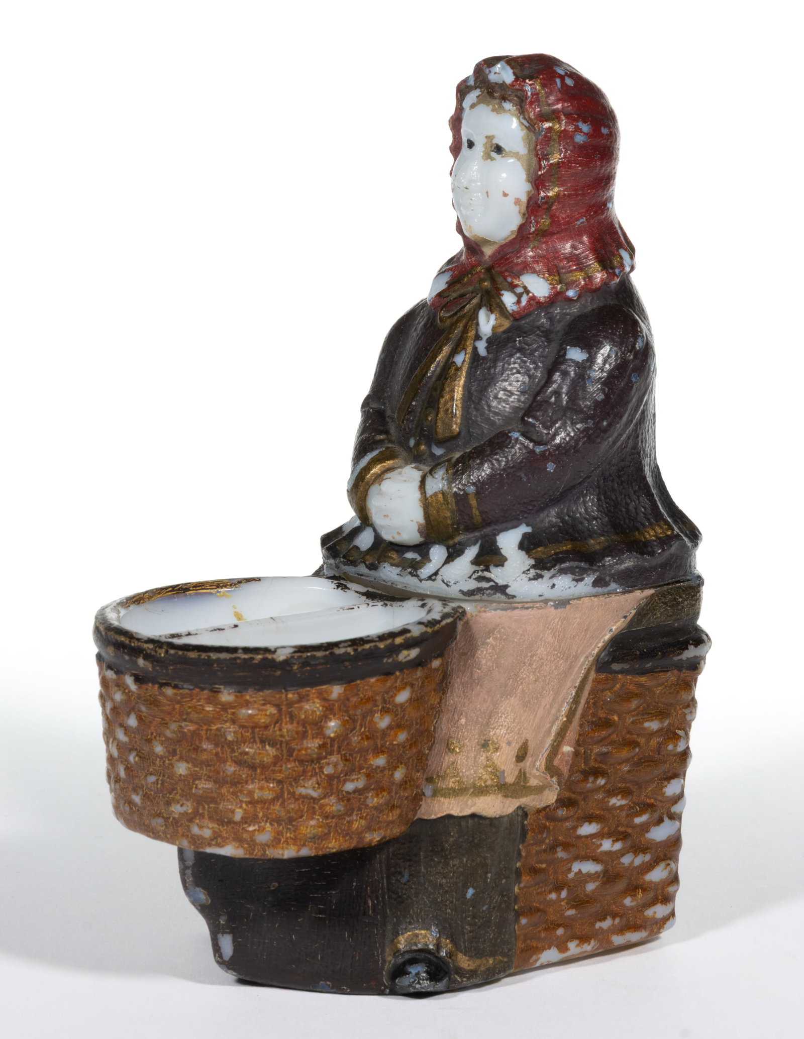 OLD WOMAN WITH BASKET COVERED DISH: OLD WOMAN WITH BASKET COVERED DISH, opaque white/milk glass with original paint decoration. Continental. Fourth quarter 19th/first quarter 20th century. 6 1/2" HOA. Published: Chiarenza/Slat