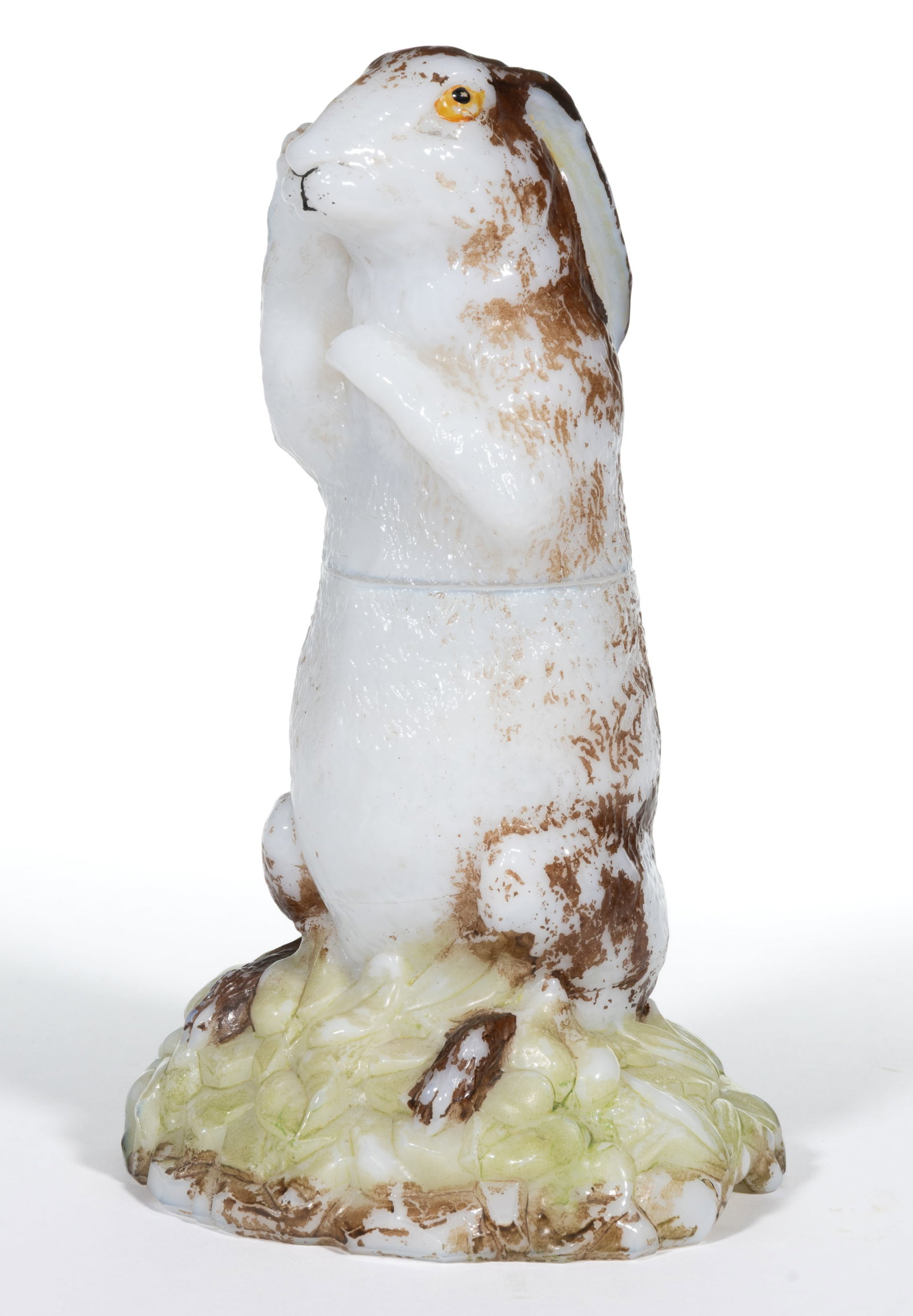 STANDING RABBIT COVERED DISH: STANDING RABBIT COVERED DISH, opaque white/milk glass with original paint decoration. Maker unverified. Fourth quarter 19th/first quarter 20th century. 7 5/8" HOA. Published: Chiarenza/Slater - T