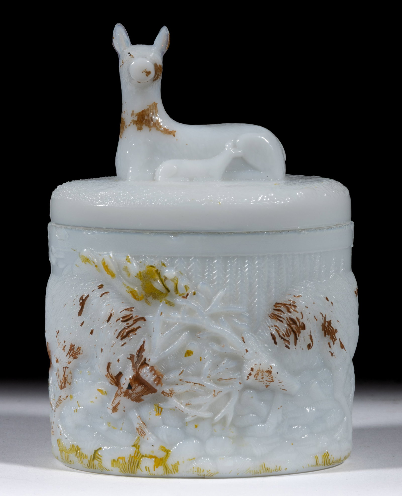 STARTLED DOE COVERED DISH: STARTLED DOE COVERED DISH, opaque white/milk glass with original paint decoration, elliptical dish with cover featuring a doe and fawn, and base with a scenic frieze featuring two fighting